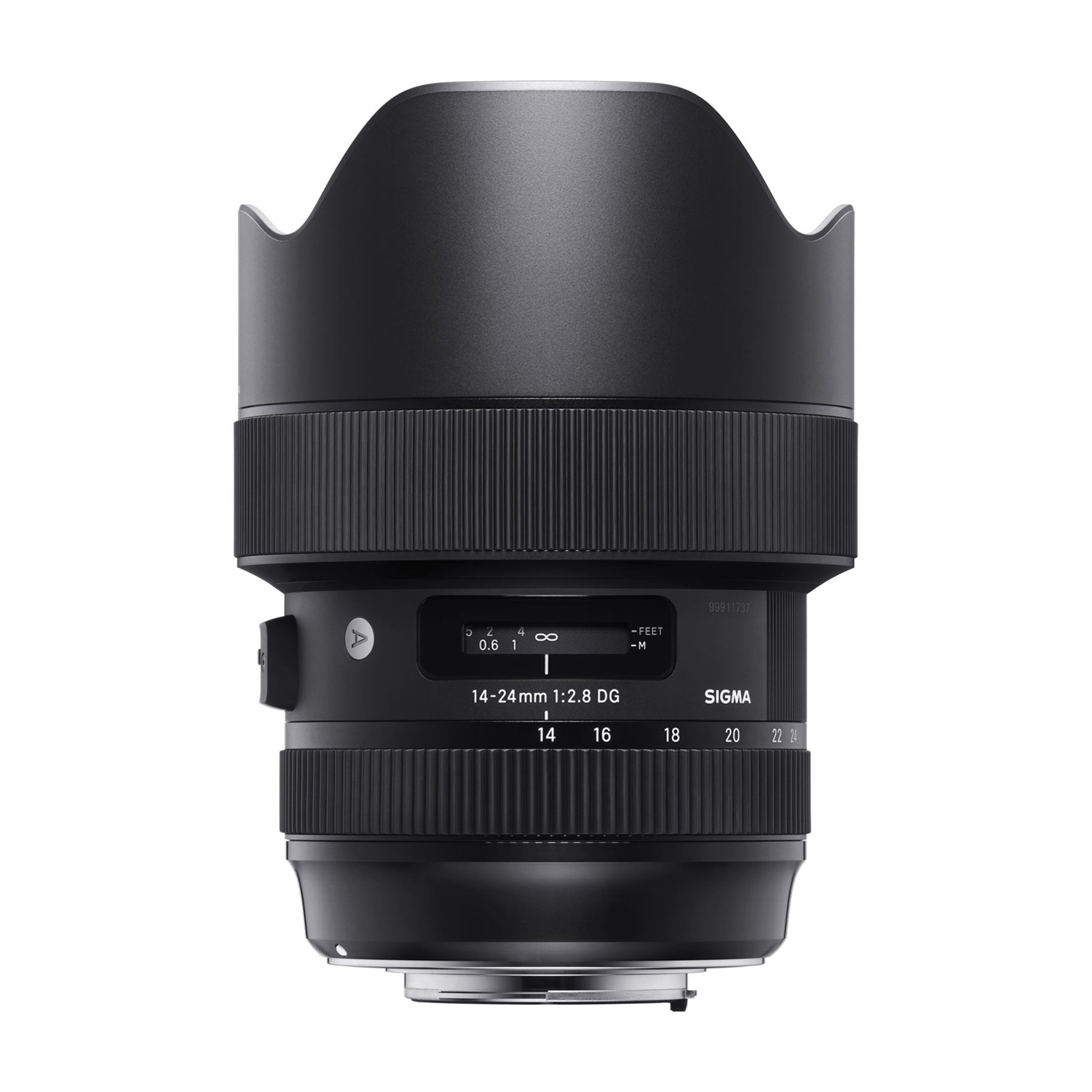 Obiettivo Sigma 14-24mm f/2.8 DG, nero, isolato su sfondo bianco.