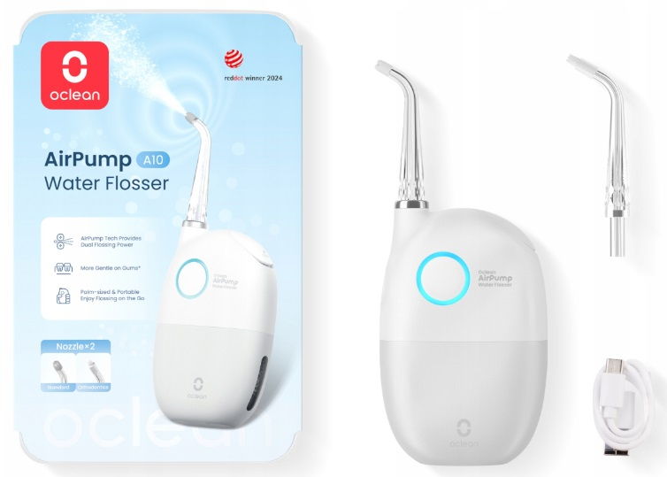 Irygator do zębów i jego opakowanie, ze znaczkiem nagrody Red Dot.