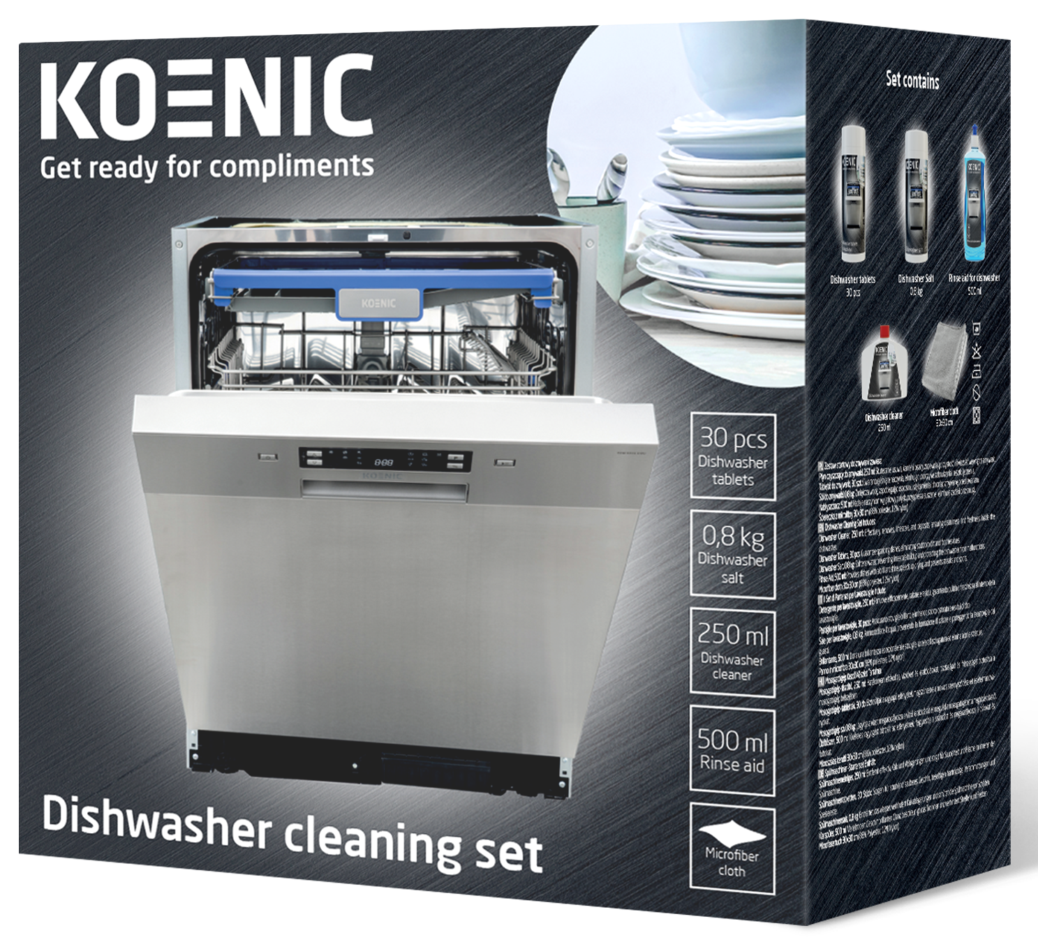 Zestaw do czyszczenia zmywarki. Zawiera tabletki, sól, płyn do czyszczenia i nabłyszczacz.