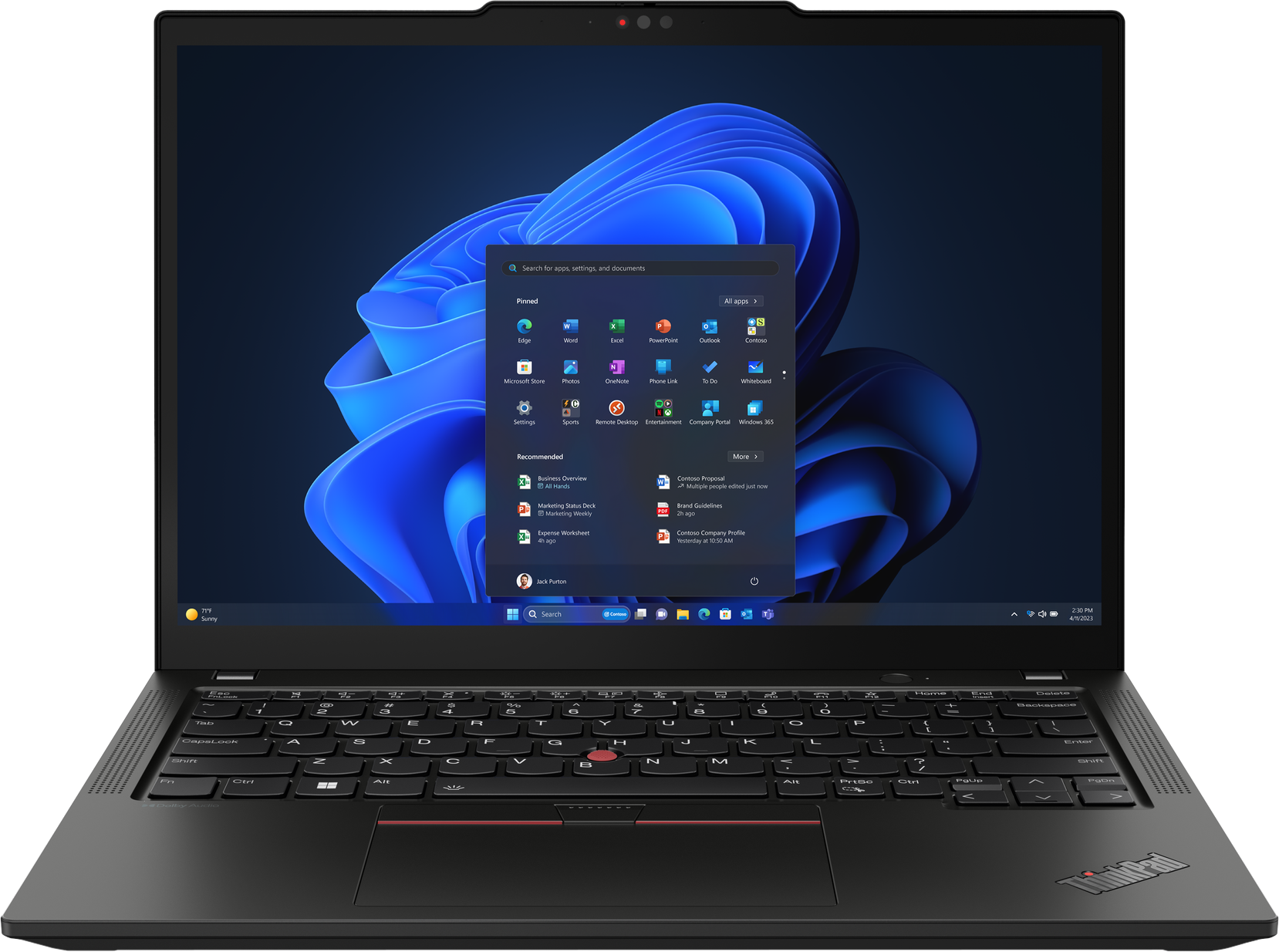 Schwarzer Laptop, Windows 11-Oberfläche. Geöffnetes Startmenü mit App-Symbolen.