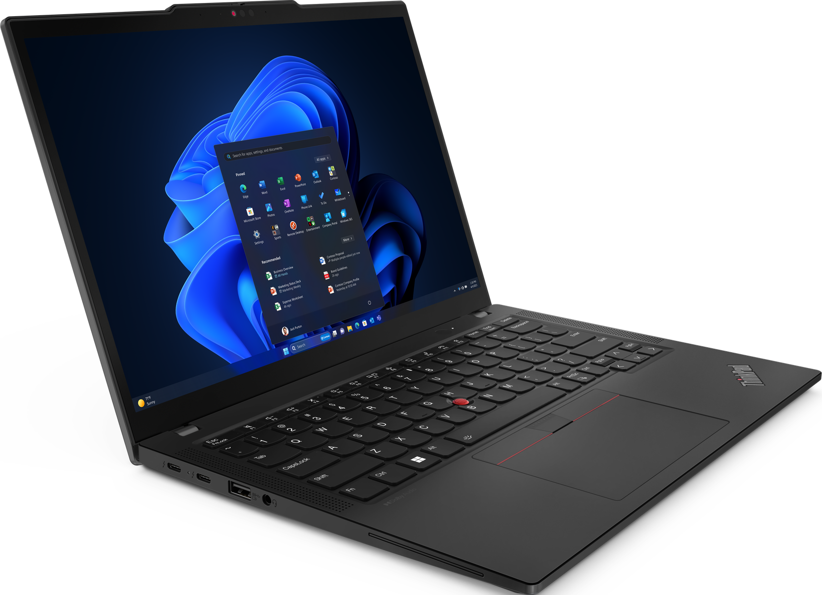 Schwarzer Laptop, geöffnet, mit Windows 11-Oberfläche auf dem Bildschirm.