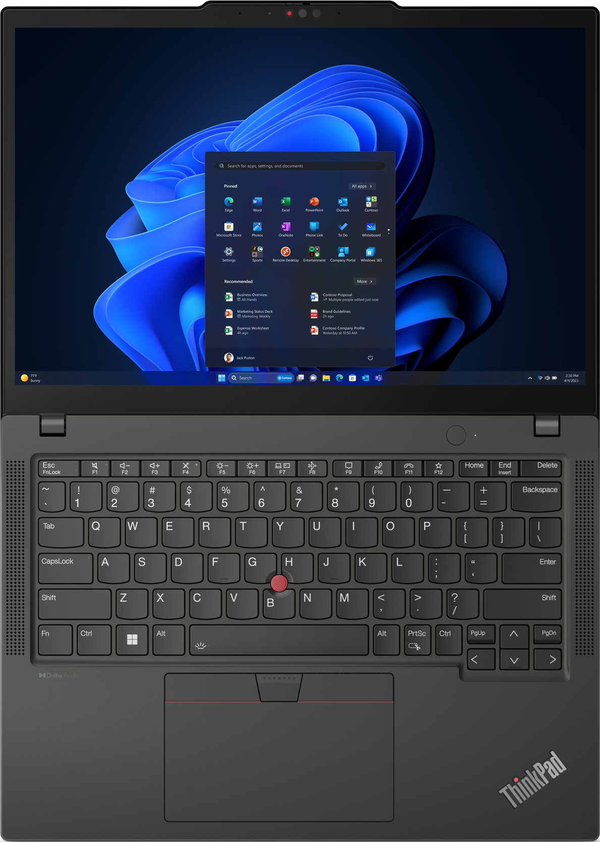 Laptop offen, Draufsicht, Windows 11 Oberfläche, Tastatur sichtbar.