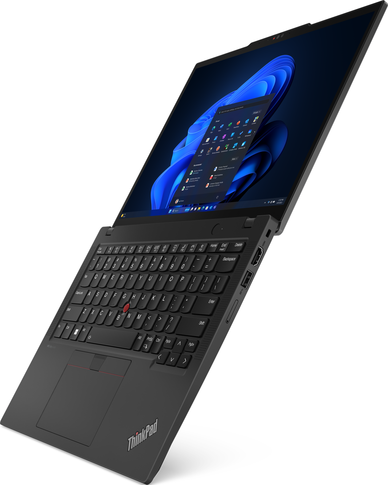 Schwarzer Lenovo ThinkPad Laptop schräg geöffnet. Windows 11 Oberfläche. Tastatur sichtbar.