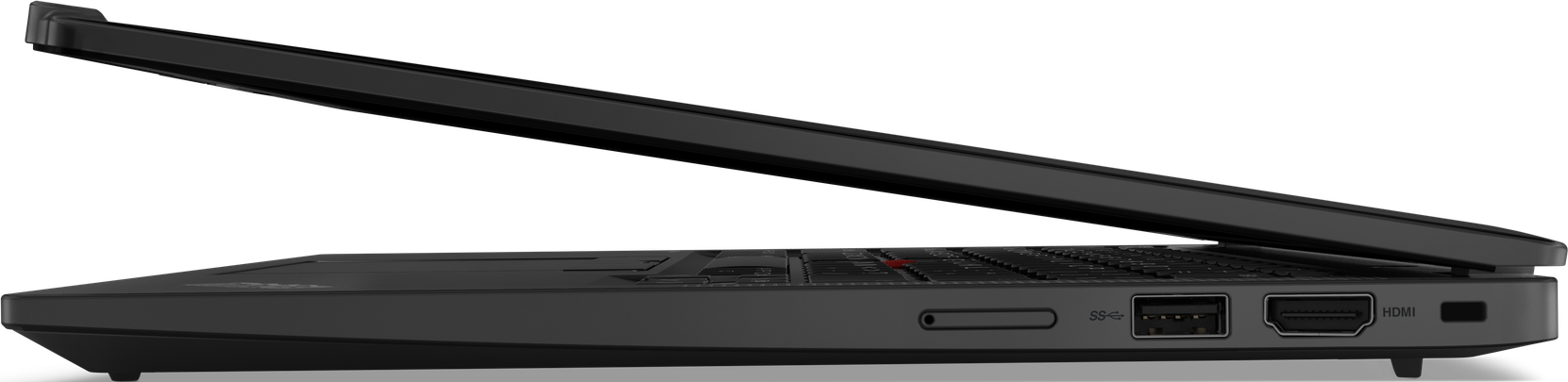 Seitenansicht eines schwarzen Lenovo ThinkPad Laptops. Anschlüsse: USB, HDMI. Laptop leicht geöffnet.
