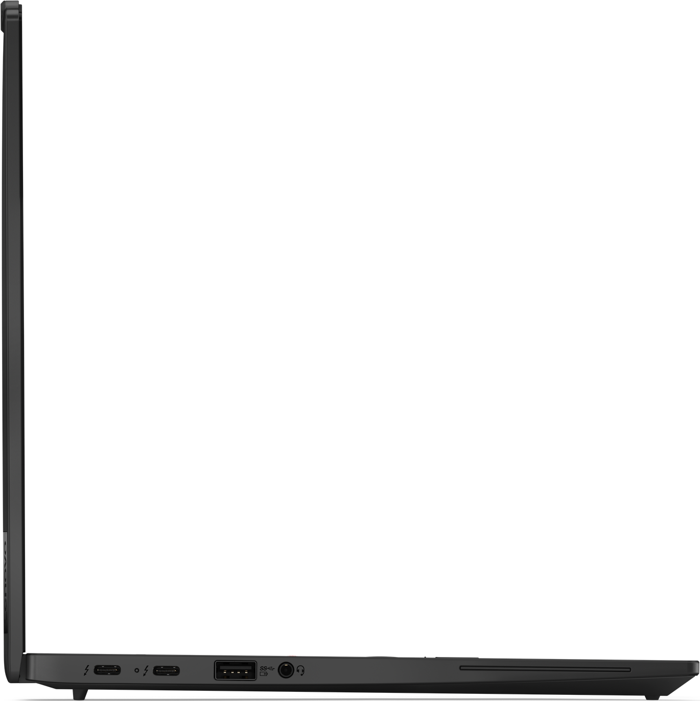 Seitenansicht eines schwarzen Lenovo ThinkPad Laptops. Anschlüsse: USB, Kopfhörer. Dunkler Hintergrund.