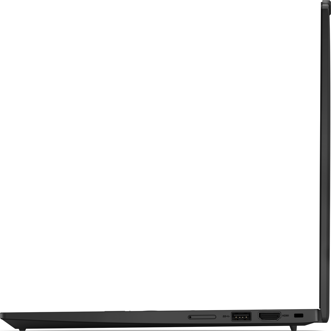 Seitenansicht eines schwarzen Lenovo ThinkPad Laptops. Anschlüsse: USB, HDMI. Dunkler Hintergrund. Geschlossen.