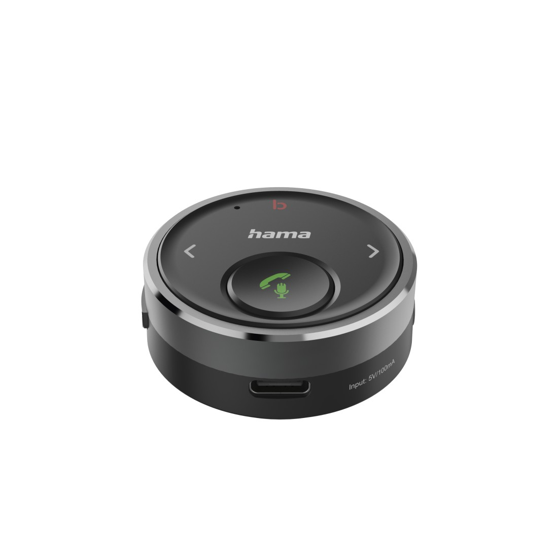 Ein schwarzes und silbernes Hama Bluetooth-Freisprechgerät mit grüner Anruftaste.