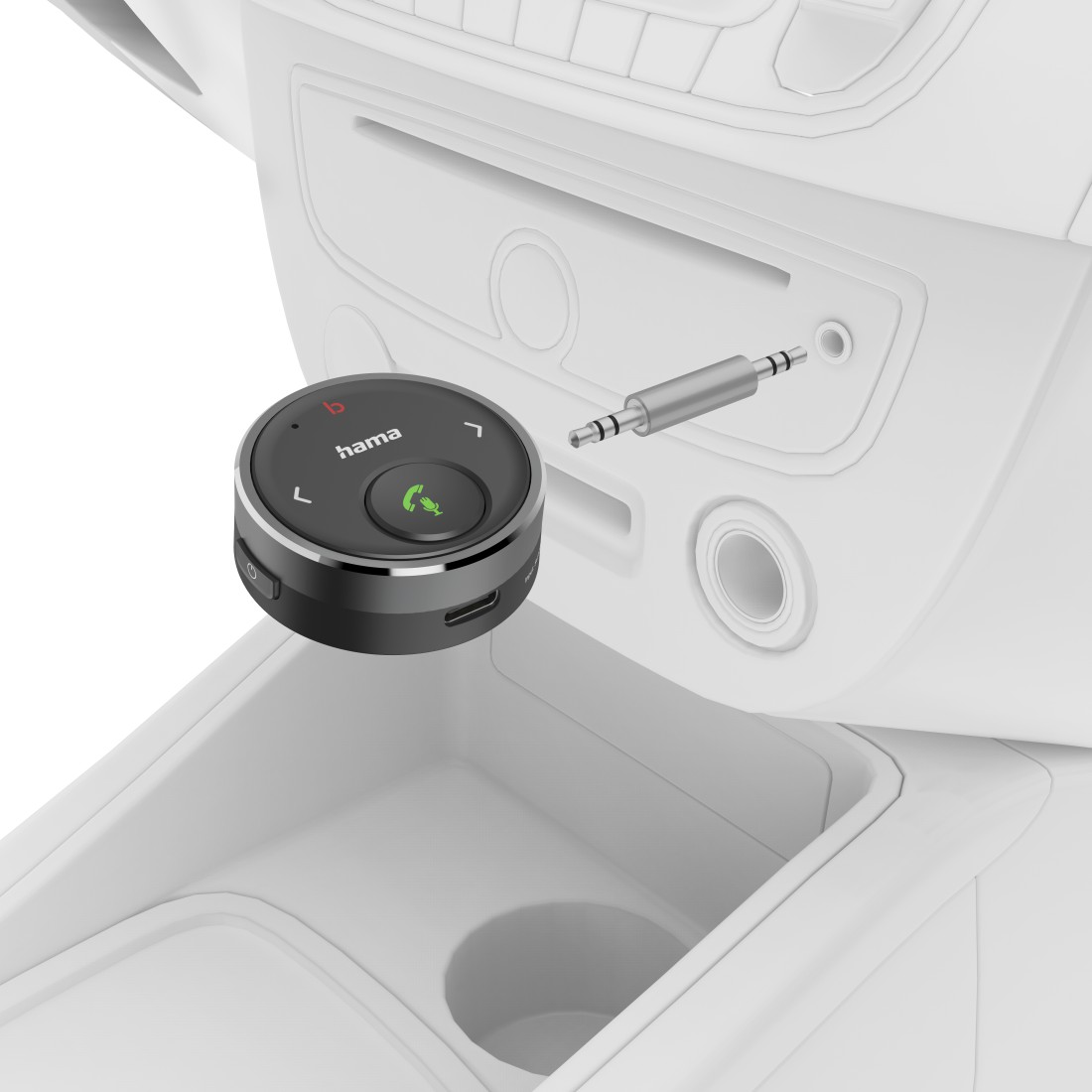 Hama Bluetooth-Freisprechgerät im Armaturenbrett eines Autos. Inklusive 3,5-mm-Klinke.