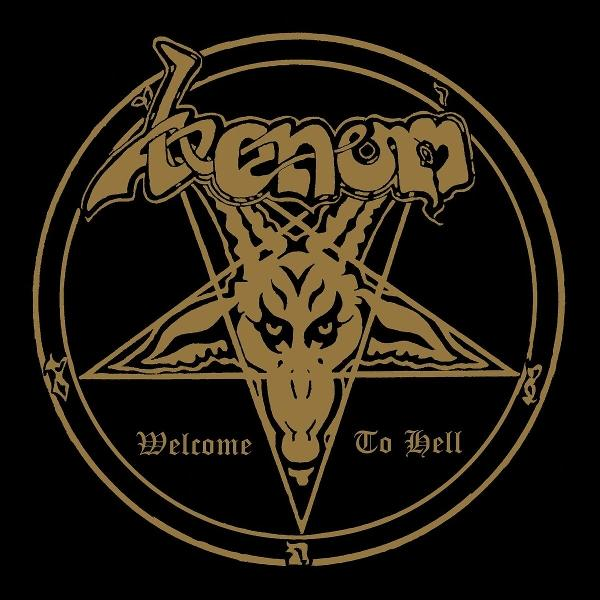 Venom-Logo. Goldenes Pentagramm mit Ziegenkopf, Text Welcome to Hell. Schwarzer Hintergrund.