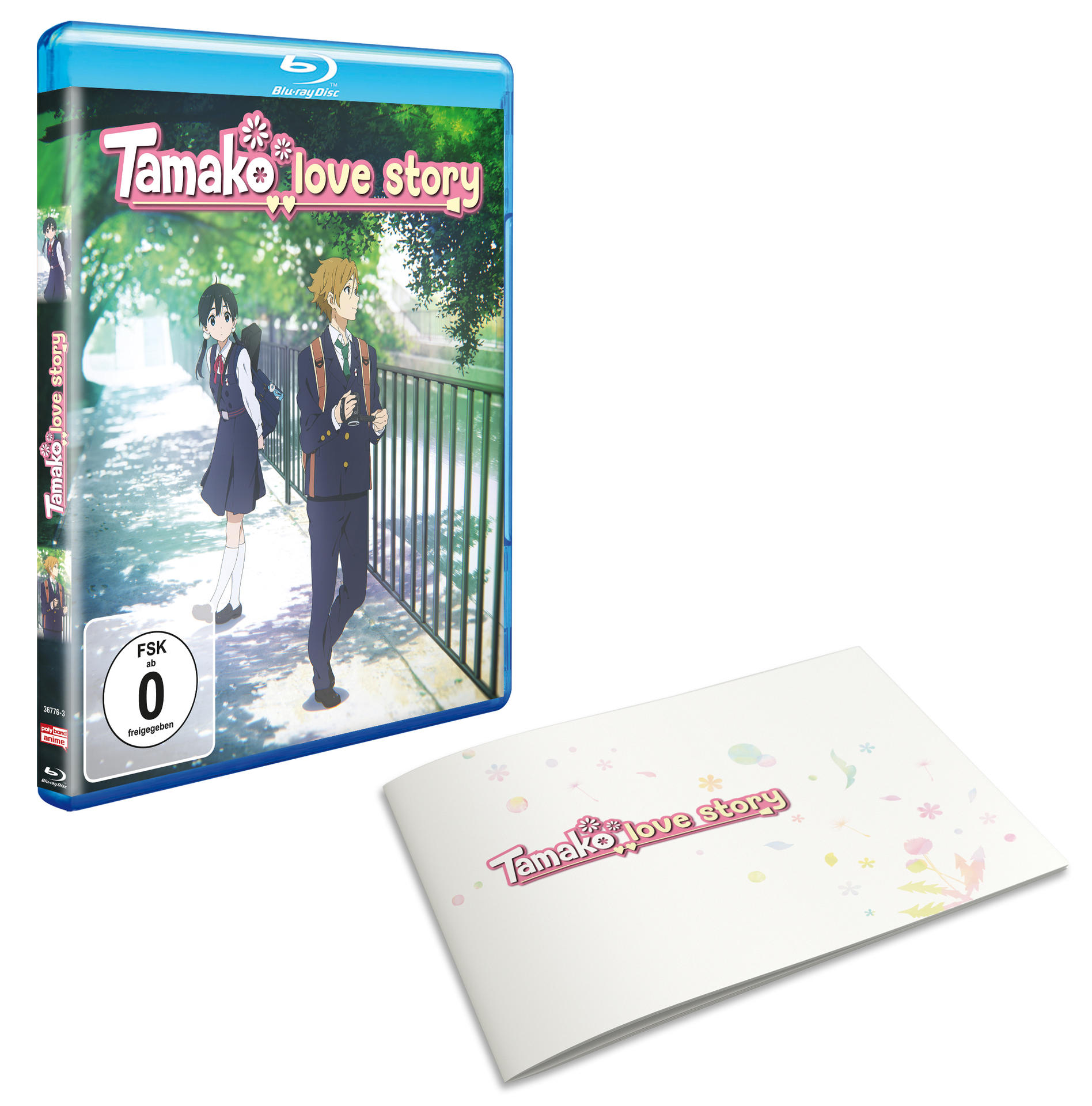 Blu-ray Disc von 'Tamako love story' mit einem Booklet, das Cover zeigt zwei Charaktere beim Gehen.