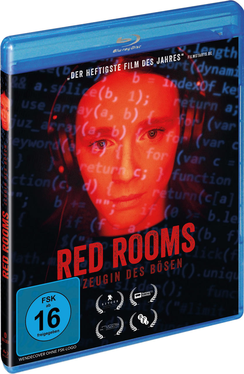 Blu-ray-Filmhülle mit dem Filmtitel 'Red Rooms' und einem Gesicht.