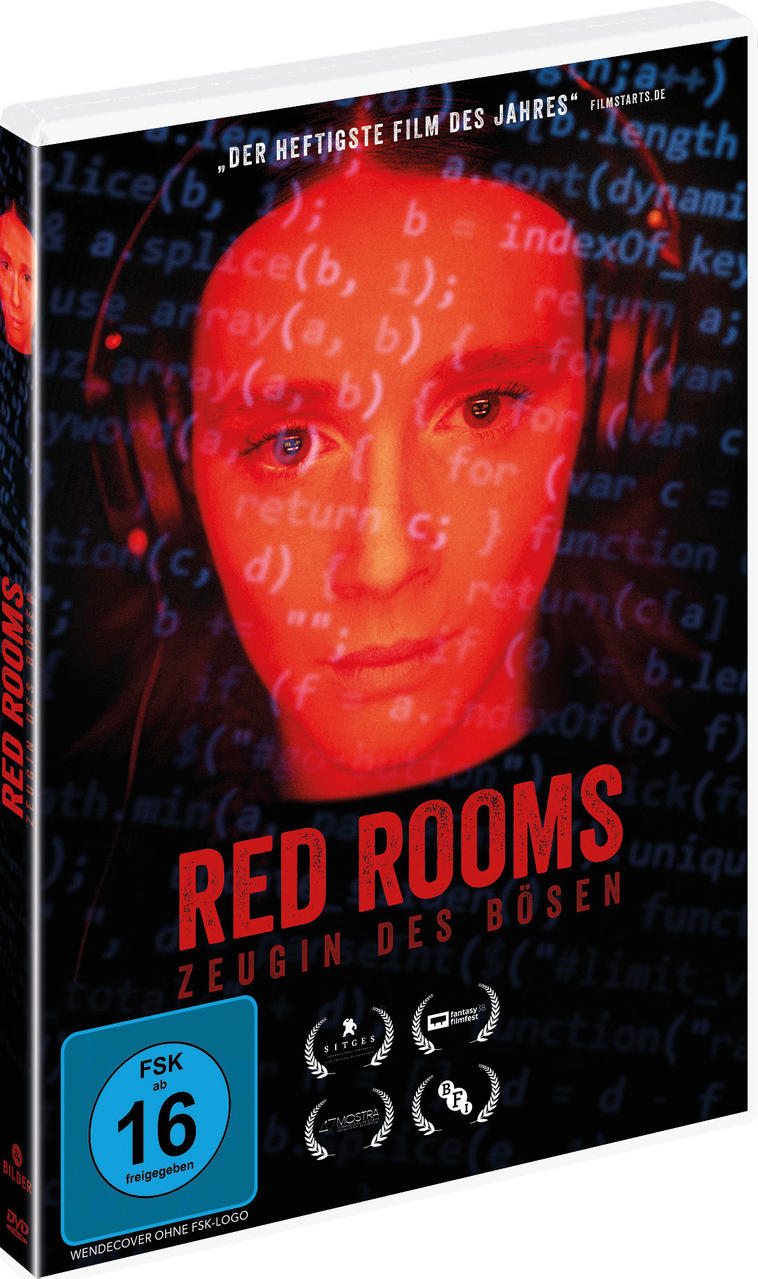 Blu-ray-Filmhülle für 'Red Rooms', mit einem Gesicht mit Code-Overlay.