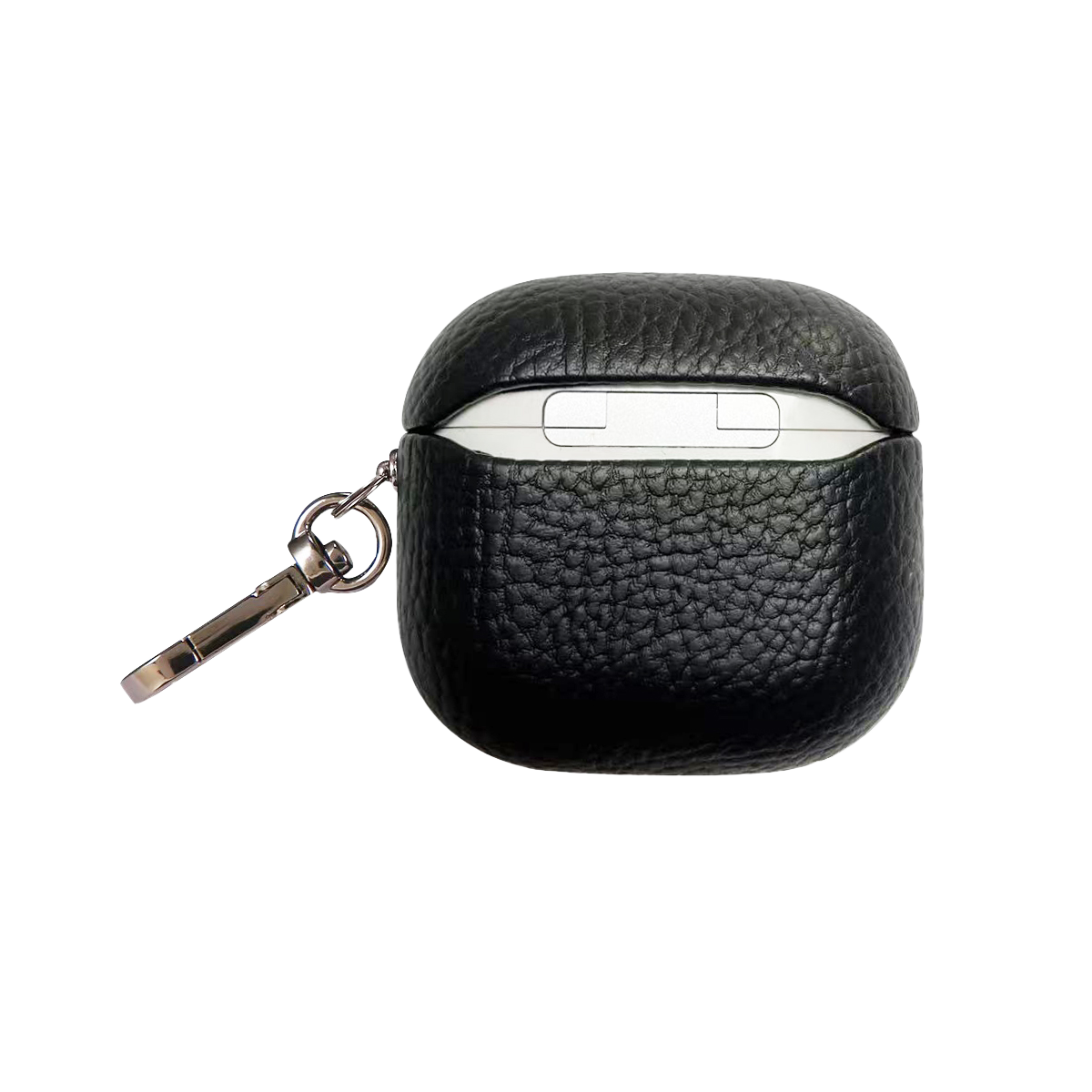 Gümüş anahtarlıklı siyah deri AirPod kılıfı.