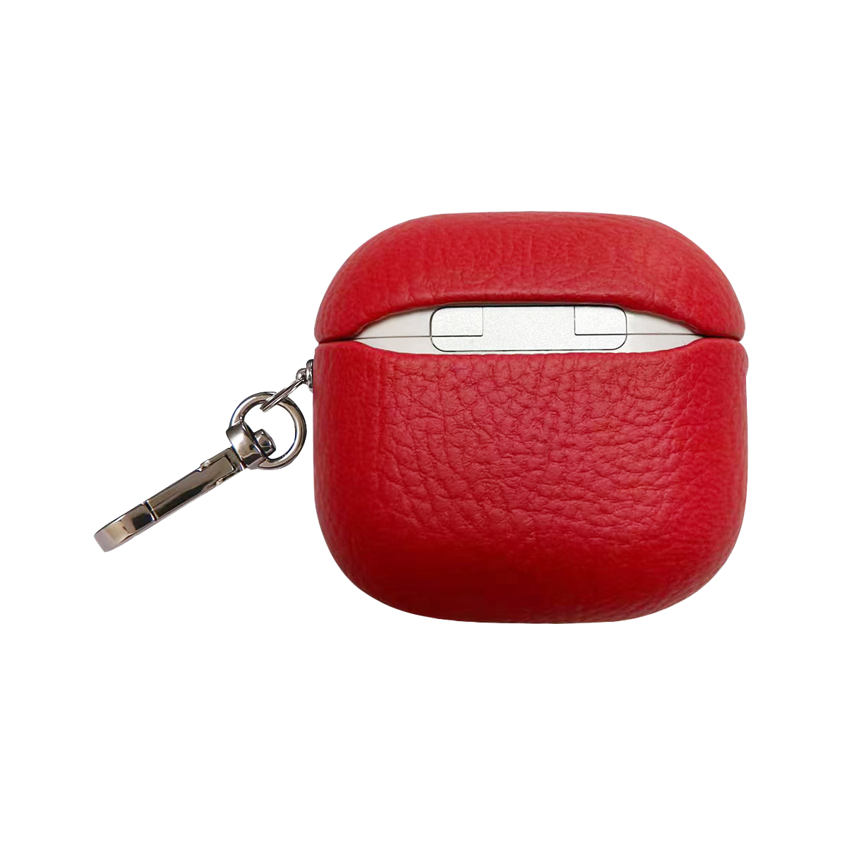 Gümüş anahtarlıklı kırmızı deri AirPod kılıfı.