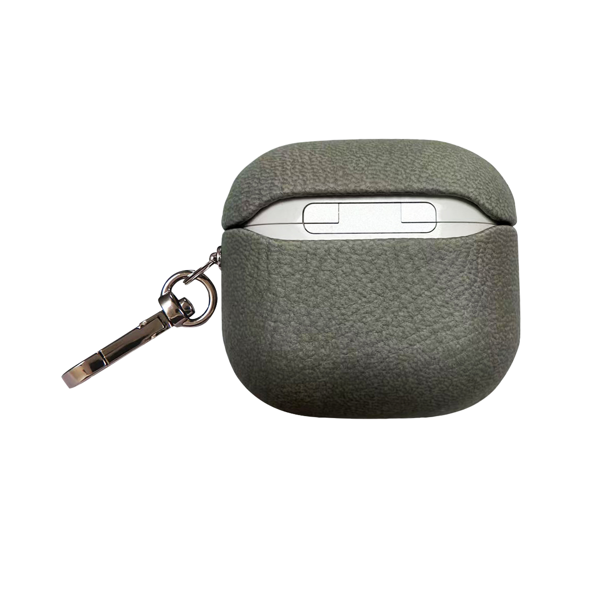 Gümüş anahtarlıklı gri deri AirPod kılıfı.