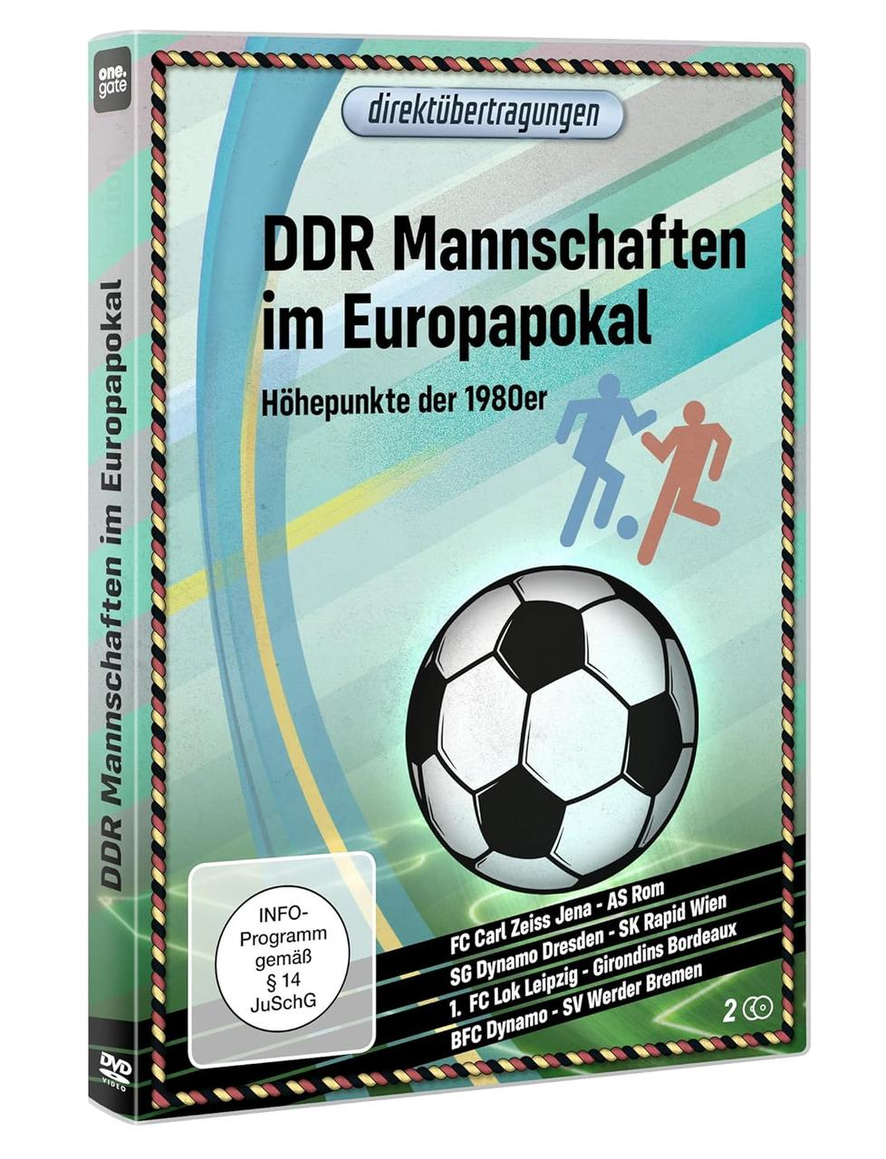 DVD-Hülle mit deutschem Text, Fußballgrafik und einer Liste von Fußballteams.