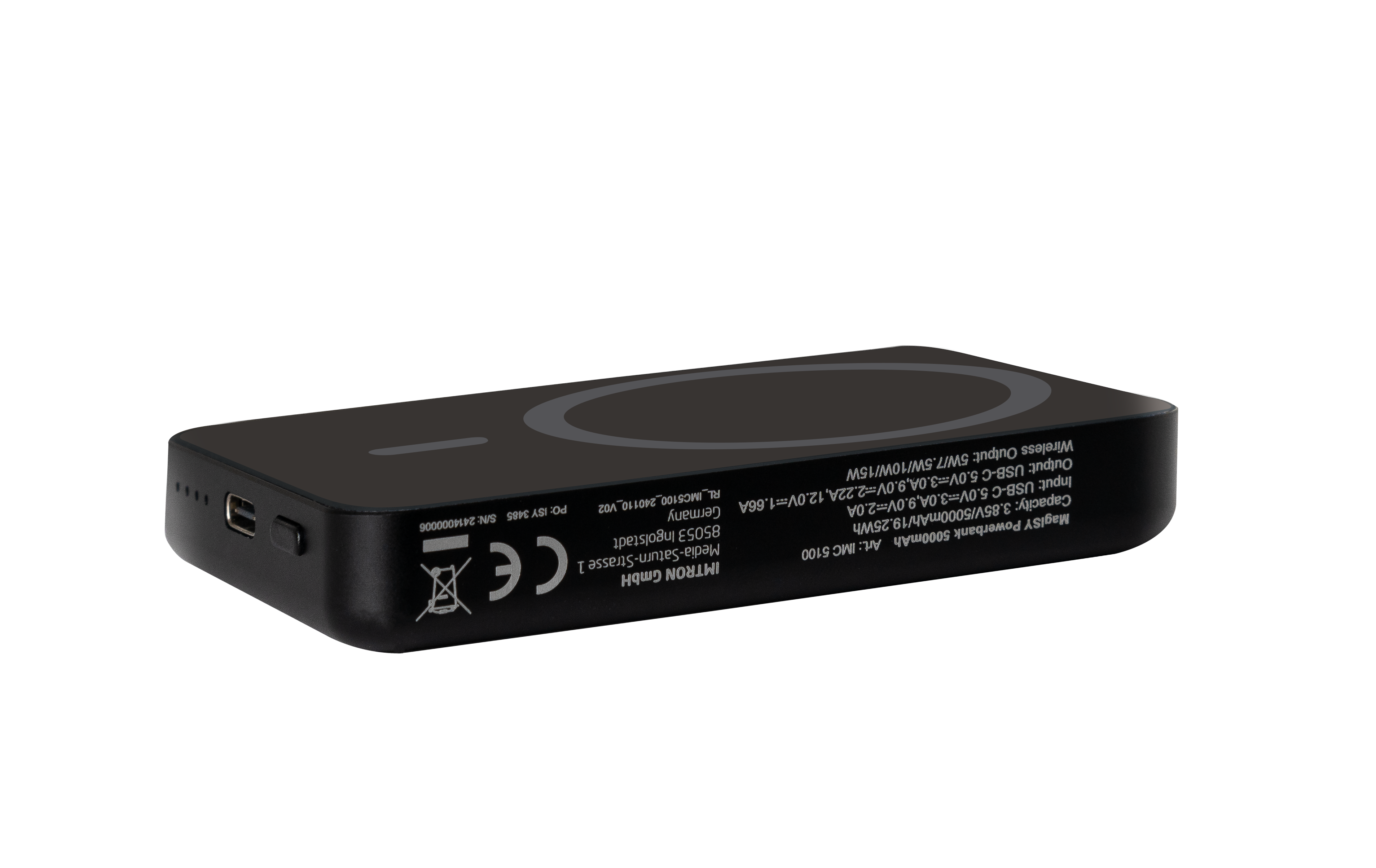Schwarze, rechteckige Powerbank mit glatter Oberfläche.