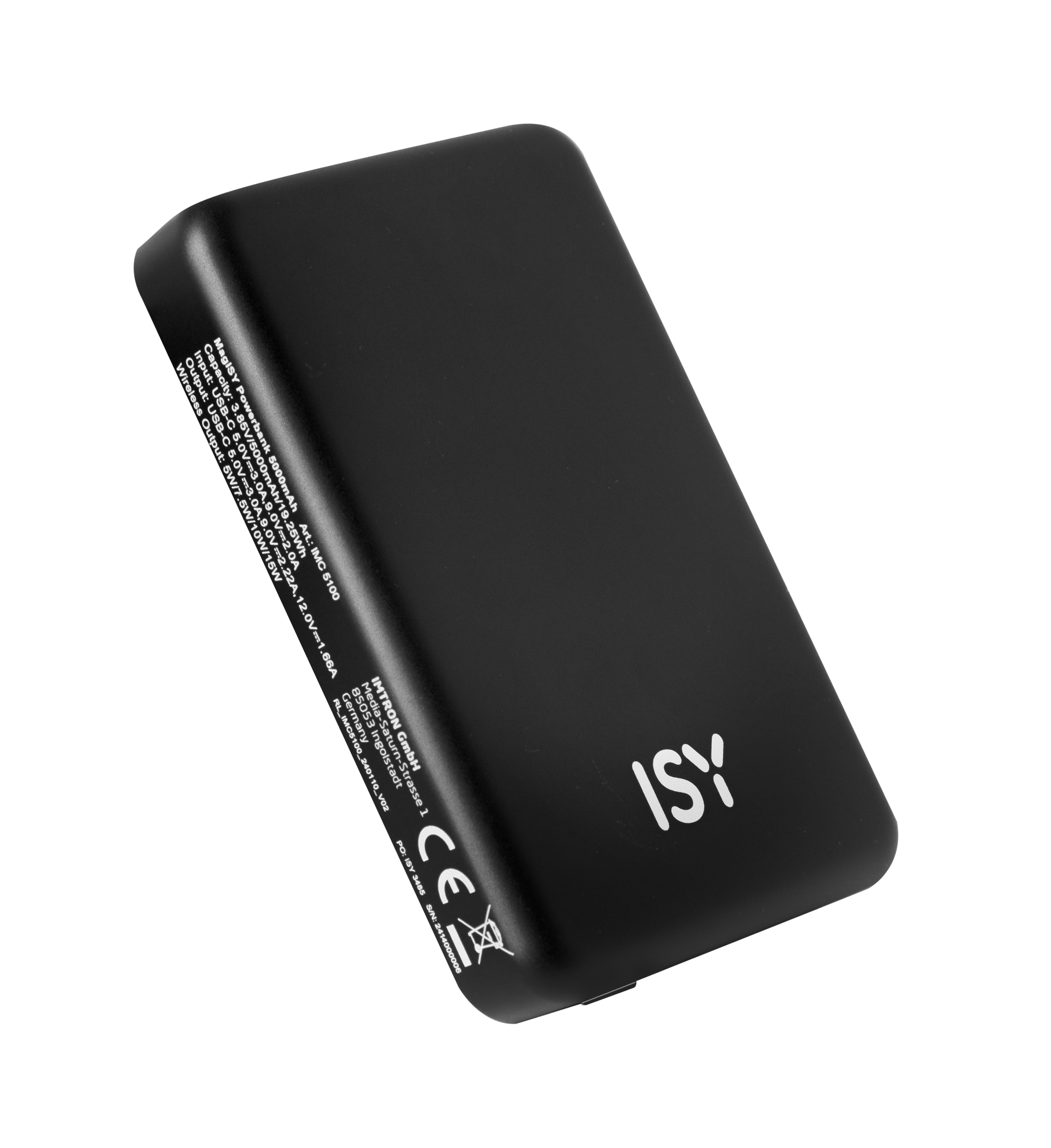 Schwarze, rechteckige Powerbank mit ISY-Logo.