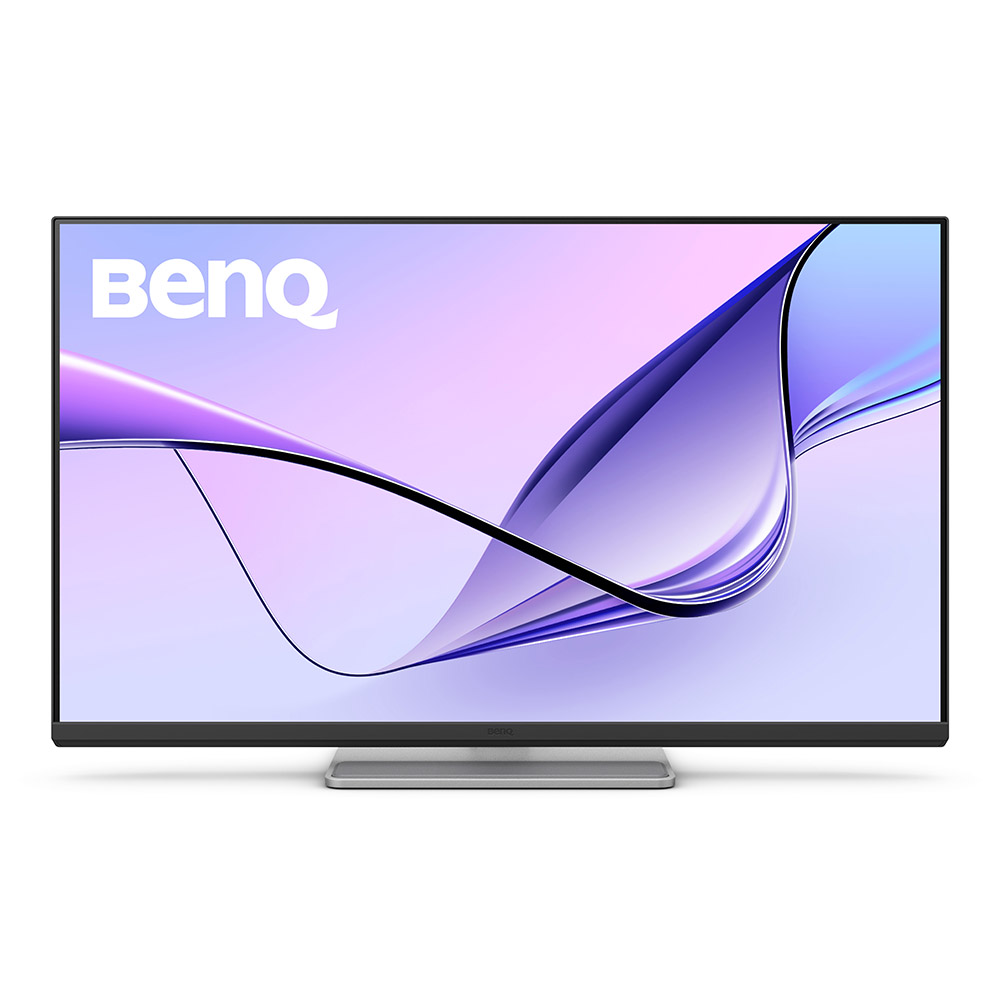 Bir stand üzerinde bir BenQ TV, ekranında soyut bir görüntü gösteriyor.
