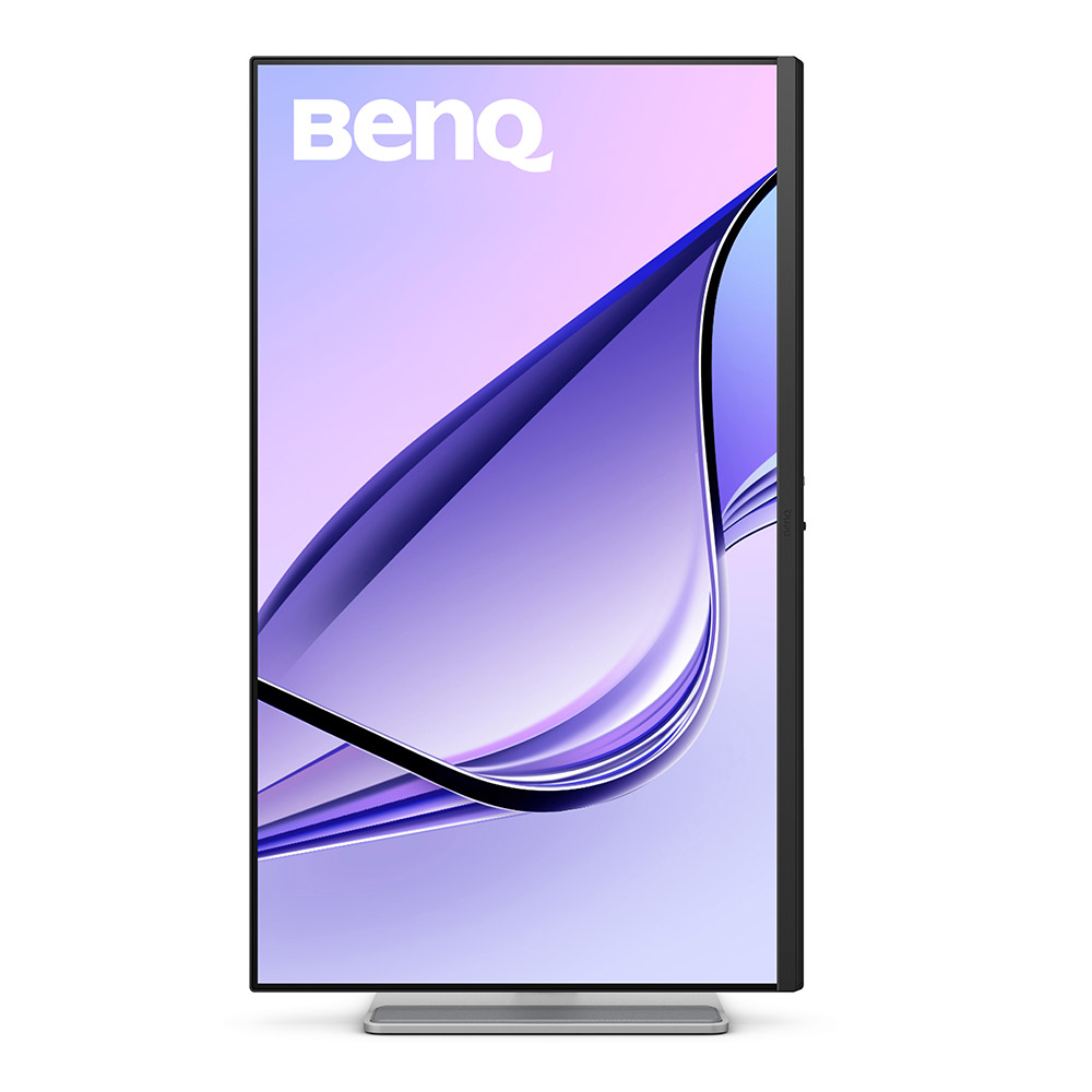 Ekranında mor ve mavi soyut tasarımlı BenQ monitör.