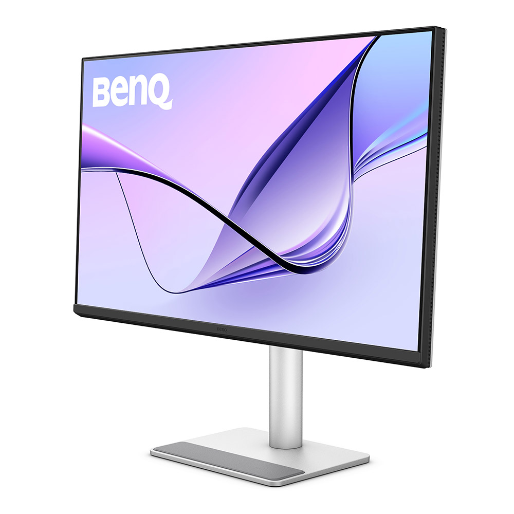 Bir monitör soyut bir tasarım görüntülüyor. Monitör gümüş rengindedir ve gri bir pedli gümüş bir standa sahiptir.