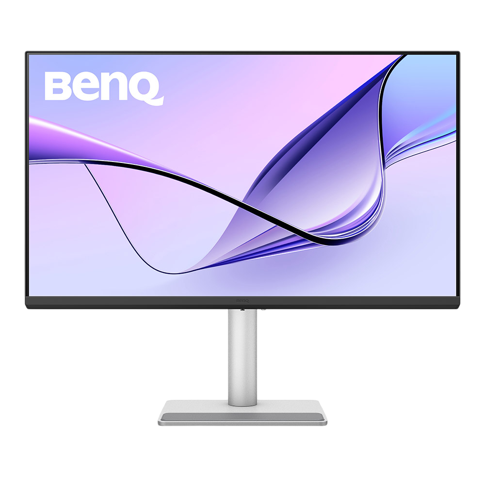 Beyaz bir standa sahip bir BENQ monitör. Ekran mor ve mavi bir tasarım gösteriyor.