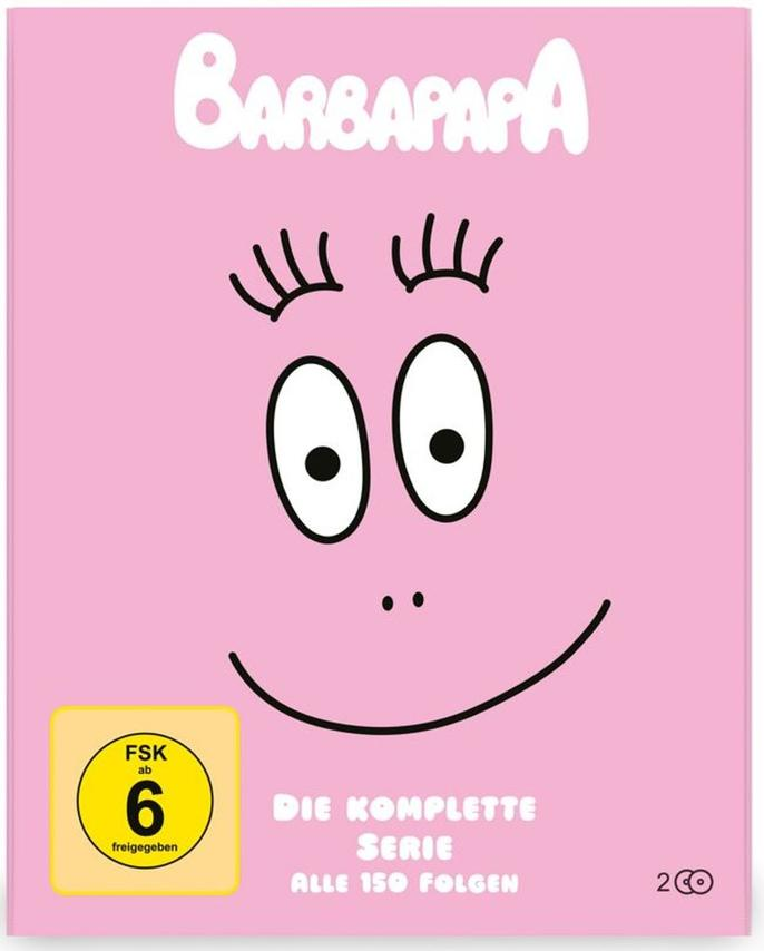 Rosa DVD-Cover mit Cartoon-Gesicht, "Barbapapa" und Text. Gelber Bewertungsticker.