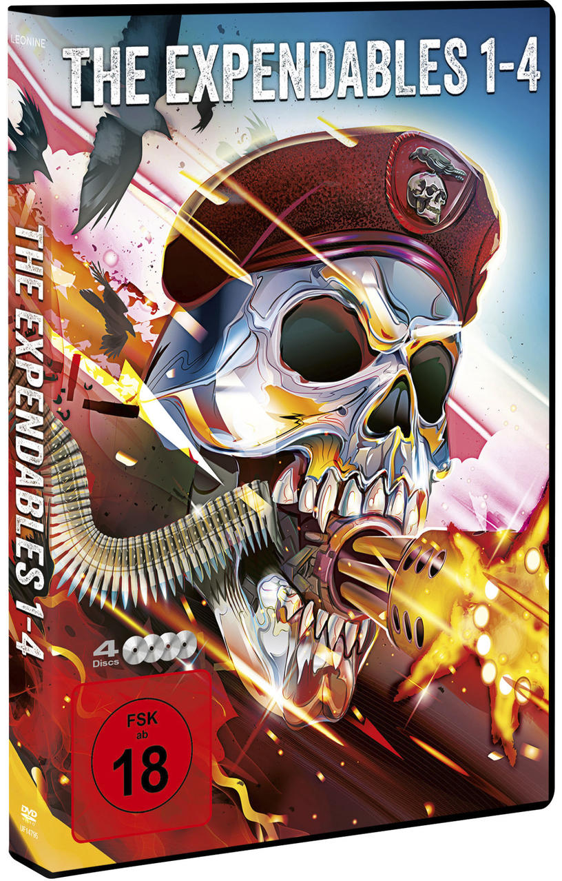 DVD-Hülle mit The Expendables 1-4 Cover, Totenkopf mit Waffe.