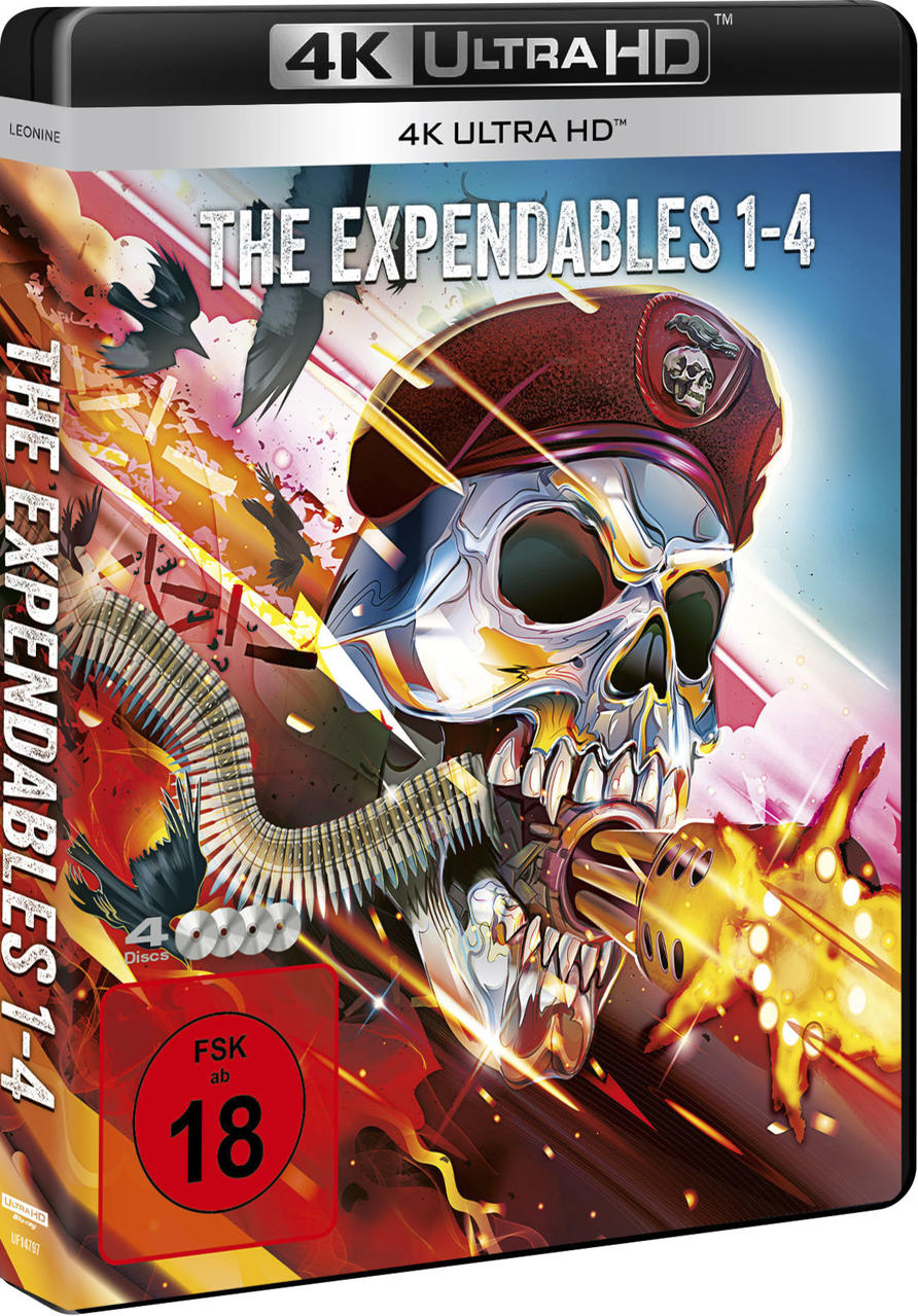 4K Ultra HD Blu-ray-Hülle mit The Expendables 1-4 Cover, Totenkopf mit Waffe.