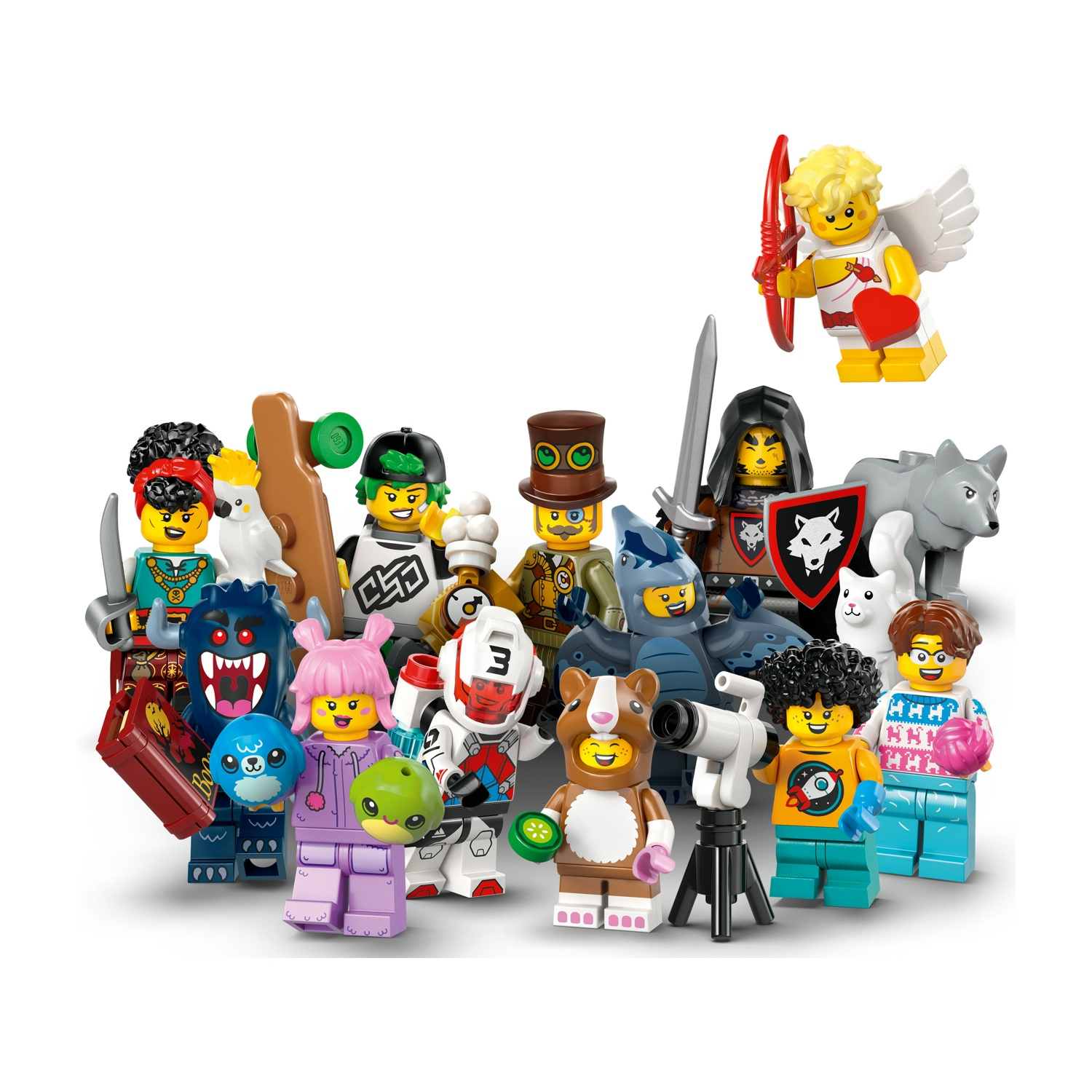 Una collezione di personaggi Lego, ognuno con costumi distinti. Sfondo bianco.