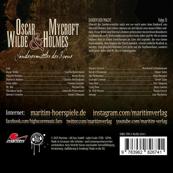 Plakat mit Text über Oscar Wilde & Mycroft Holmes, mit schwarzem Hintergrund.