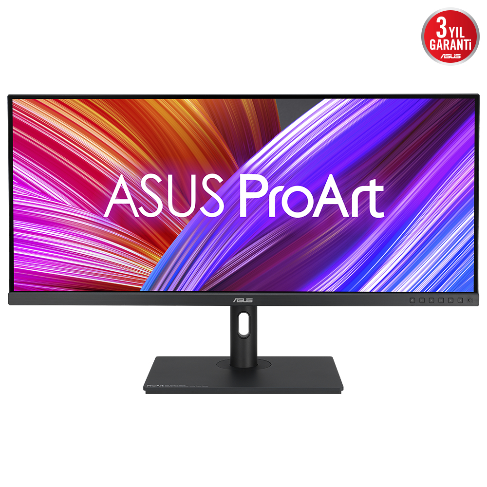 Renkli arka plan ve beyaz metinli siyah Asus ProArt monitör.