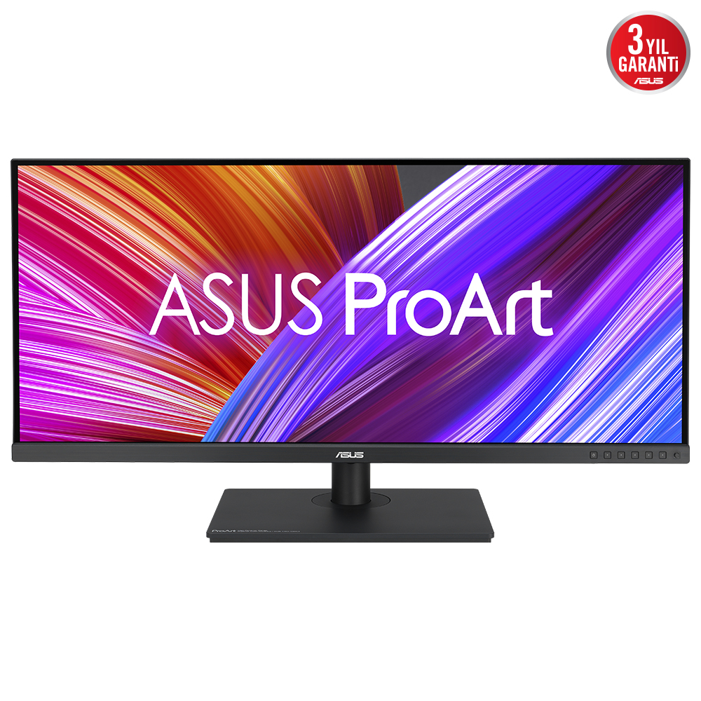 Görüntü, ASUS ProArt logosuyla siyah bir stand üzerinde oturan bir bilgisayar monitörünün görüntüsüdür.