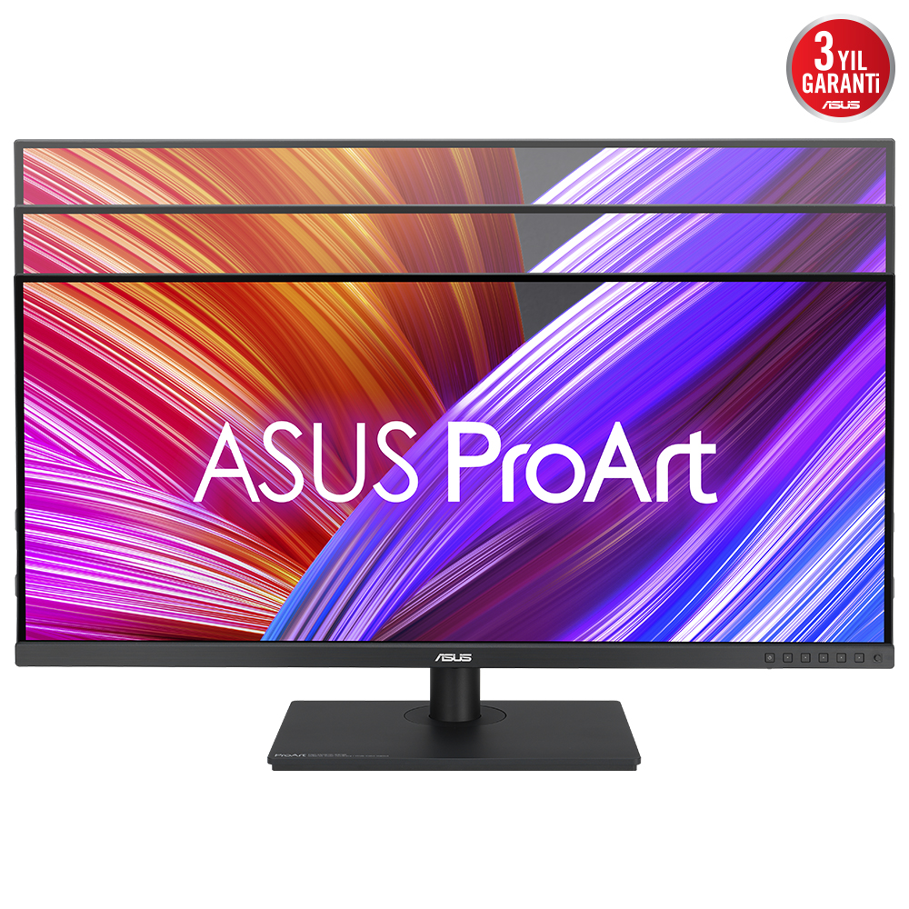 Birden fazla Asus ProArt monitör üst üste, her biri renkli arka plana sahip.