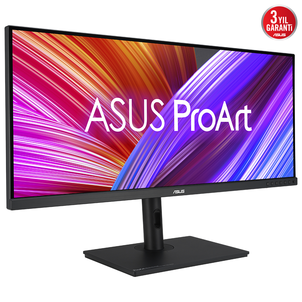 Asus ProArt monitör bir stand üzerinde, renkli arka plan, beyaz metin.