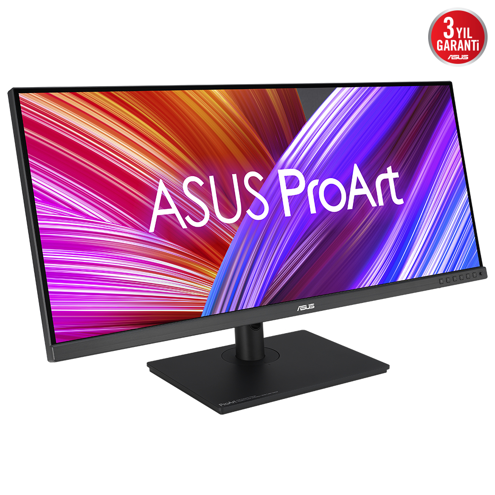 ASUS ProArt yazılı, renkli ekrana sahip siyah bir bilgisayar monitörü.