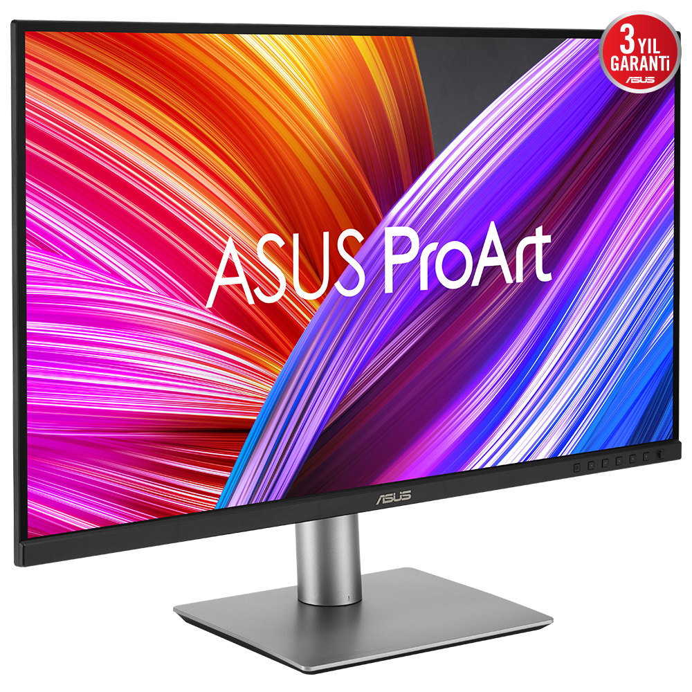 Gümüş bir stand üzerinde, renkli ekrana sahip ASUS ProArt monitör.