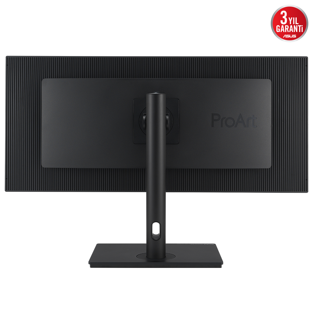 Bir stant ve ProArt logosu olan siyah bir monitörün arka görünümü.