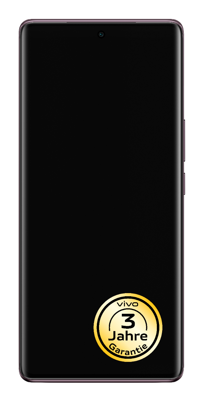 Ein schwarzes Telefon mit schwarzem Bildschirm und einem goldenen Aufkleber unten. Das Telefon hat einen lila Rahmen.