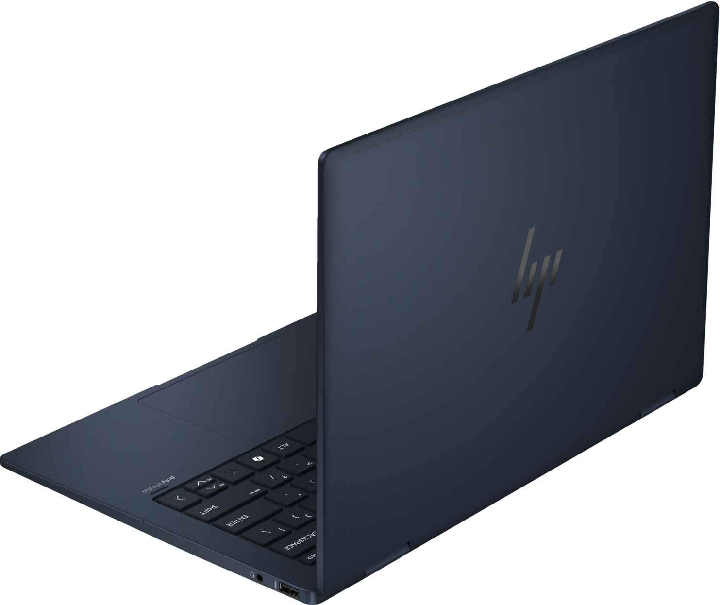 Sötétkék HP laptop, nyitott, szögletes nézet.