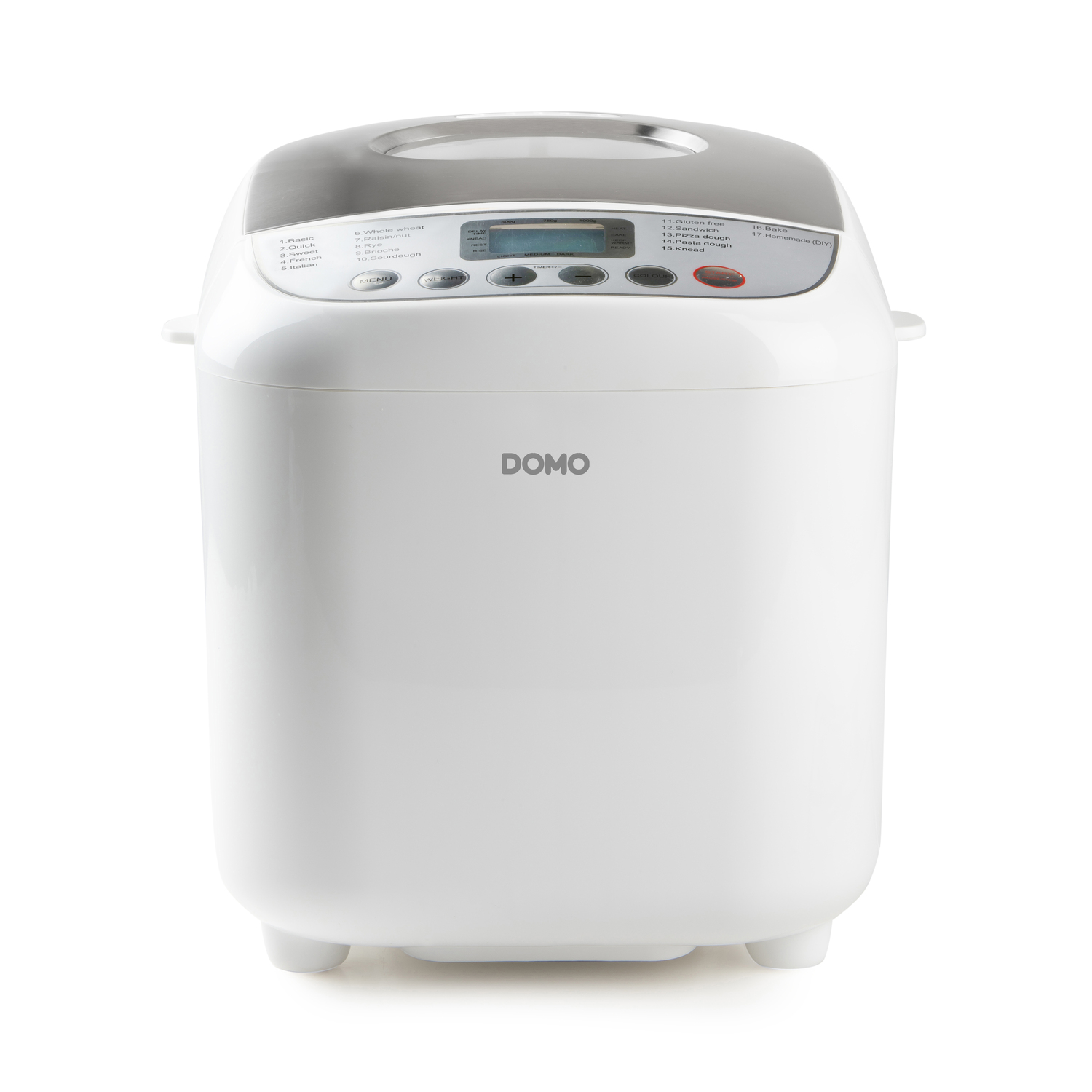 White bread maker with black top and controls. DOMO is on front.