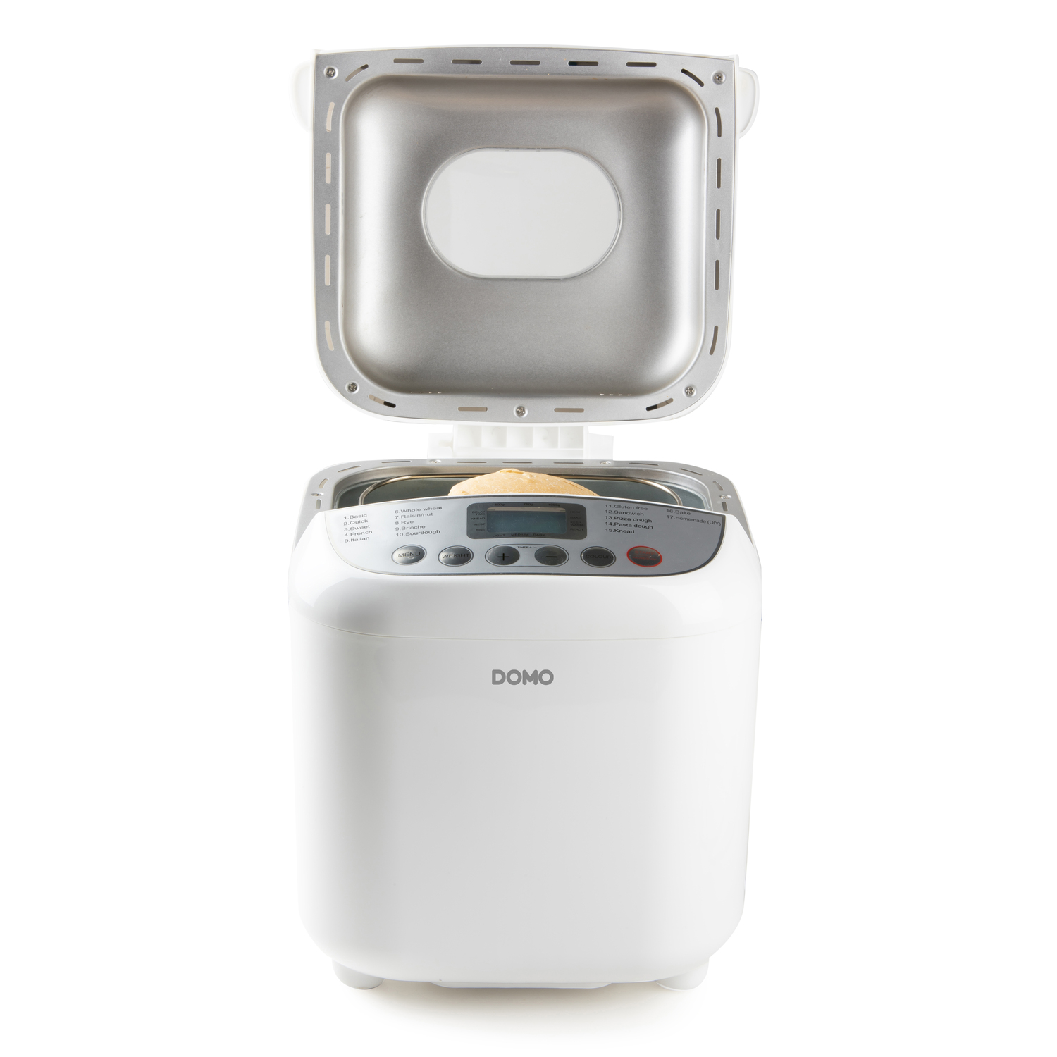 A bread maker is shown with its lid open, displaying bread.