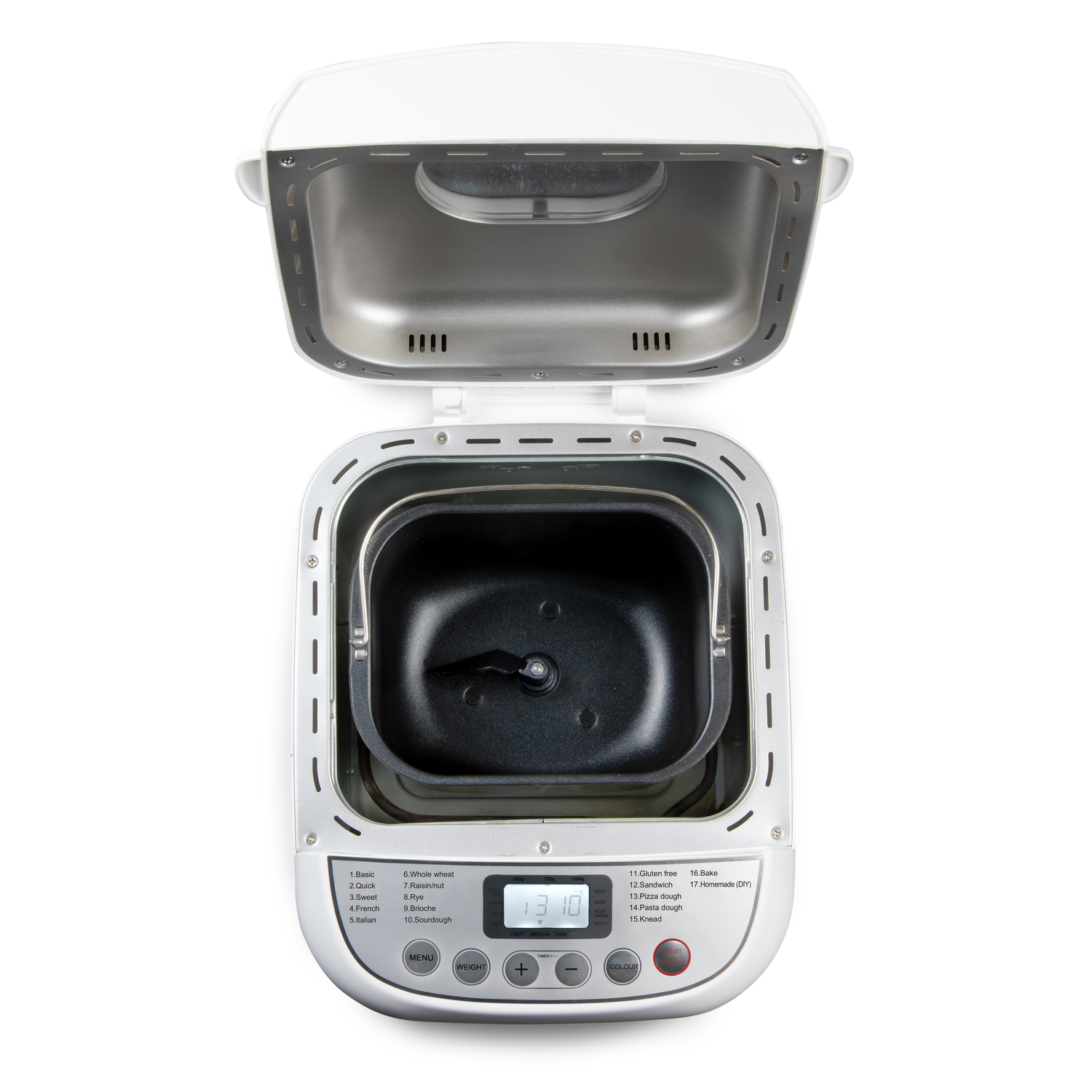 Top view of white bread maker open. Interior is visible, with a black container and a display screen.