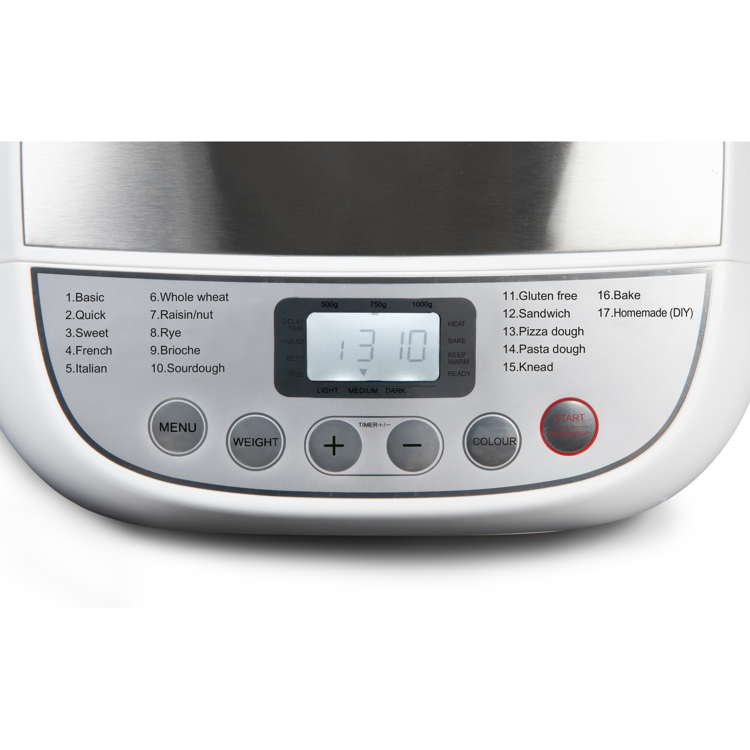 Close-up of bread machine control panel, displaying options and settings.