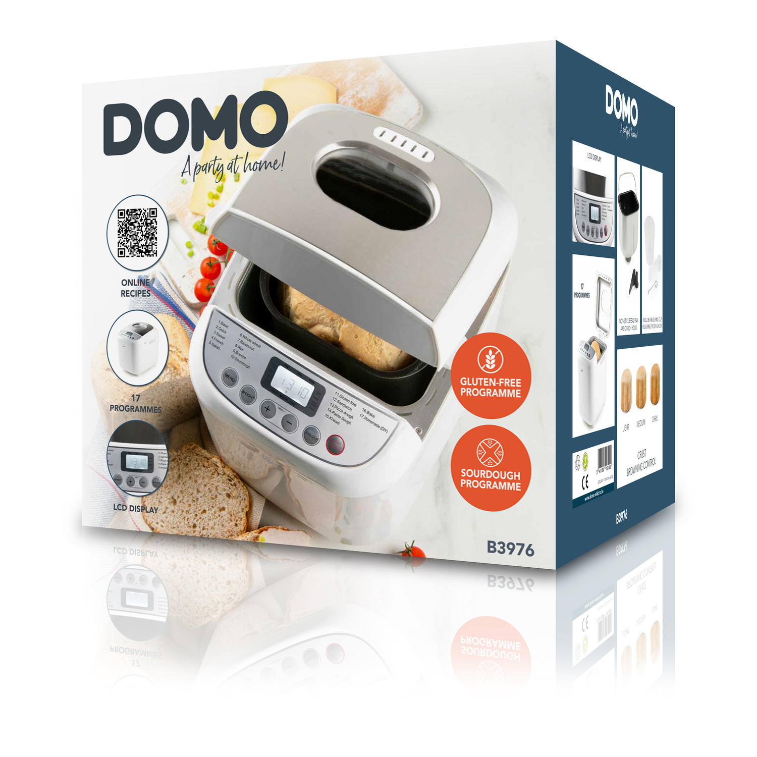 A box of the DOMO bread maker, with slices of bread and displayed features on the side.