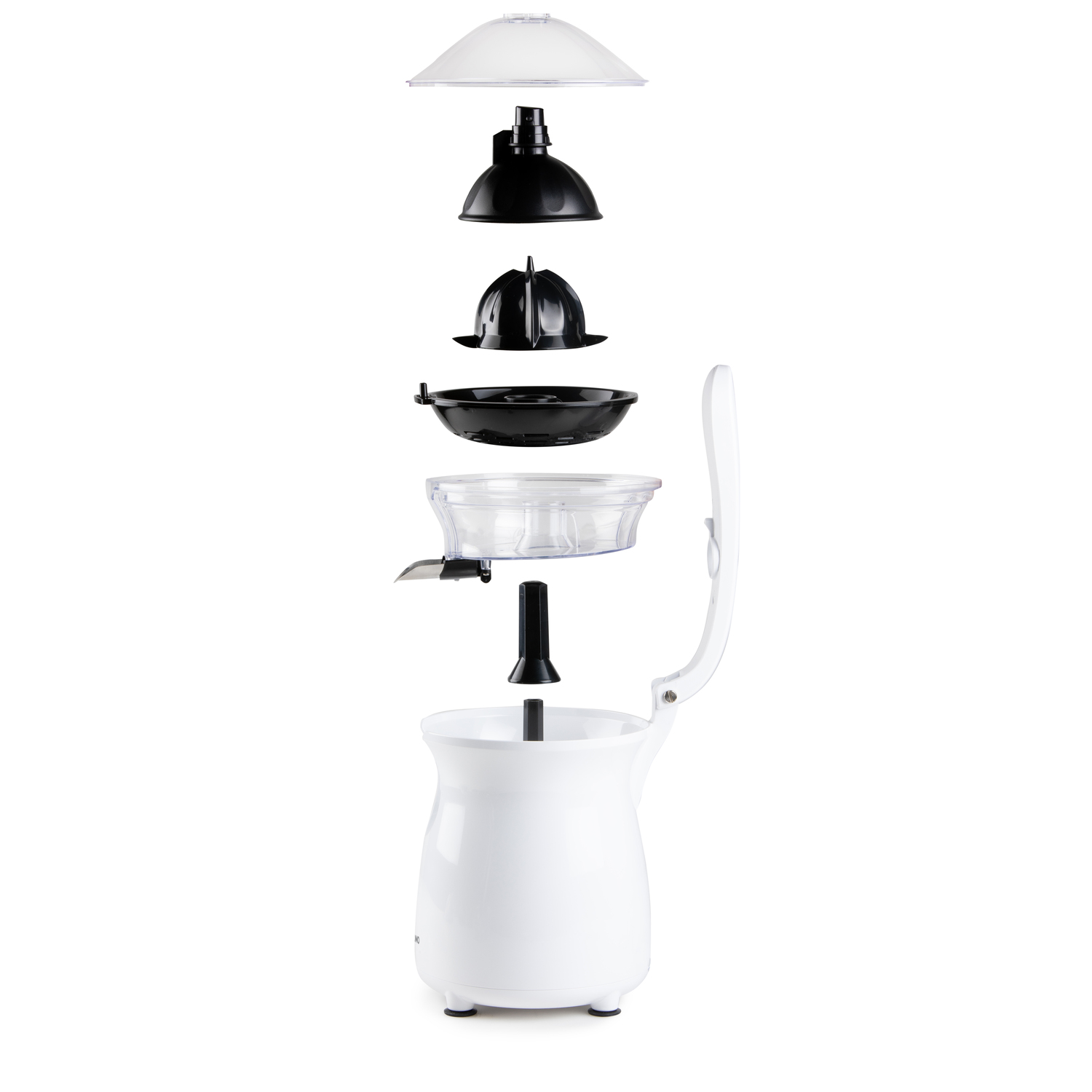 An exploded view of a white juicer. Components are separated and arranged vertically.