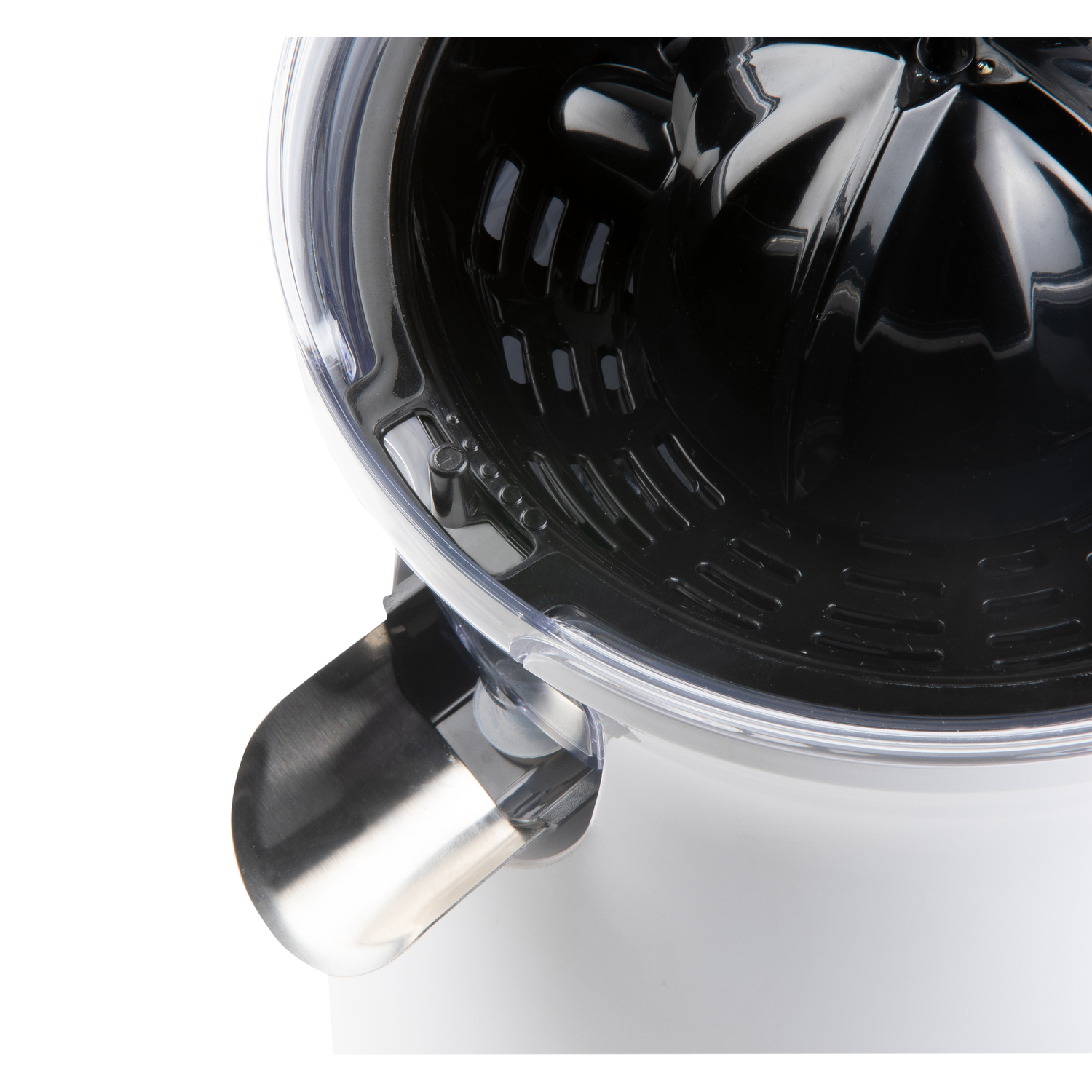 Close-up of the juicer's clear container and black inner part, with a silver spout.