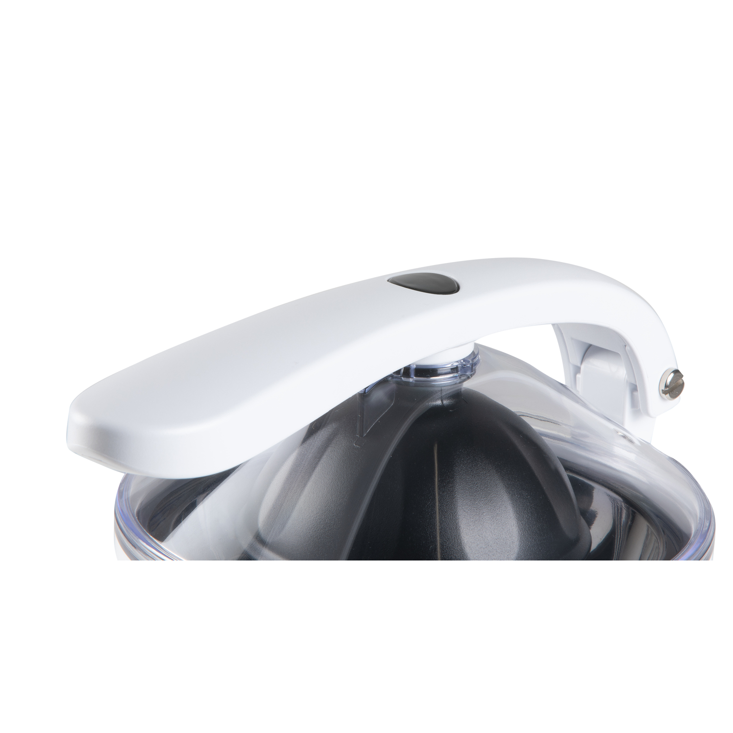 Close up of white juicer handle and lid, with black button on top.