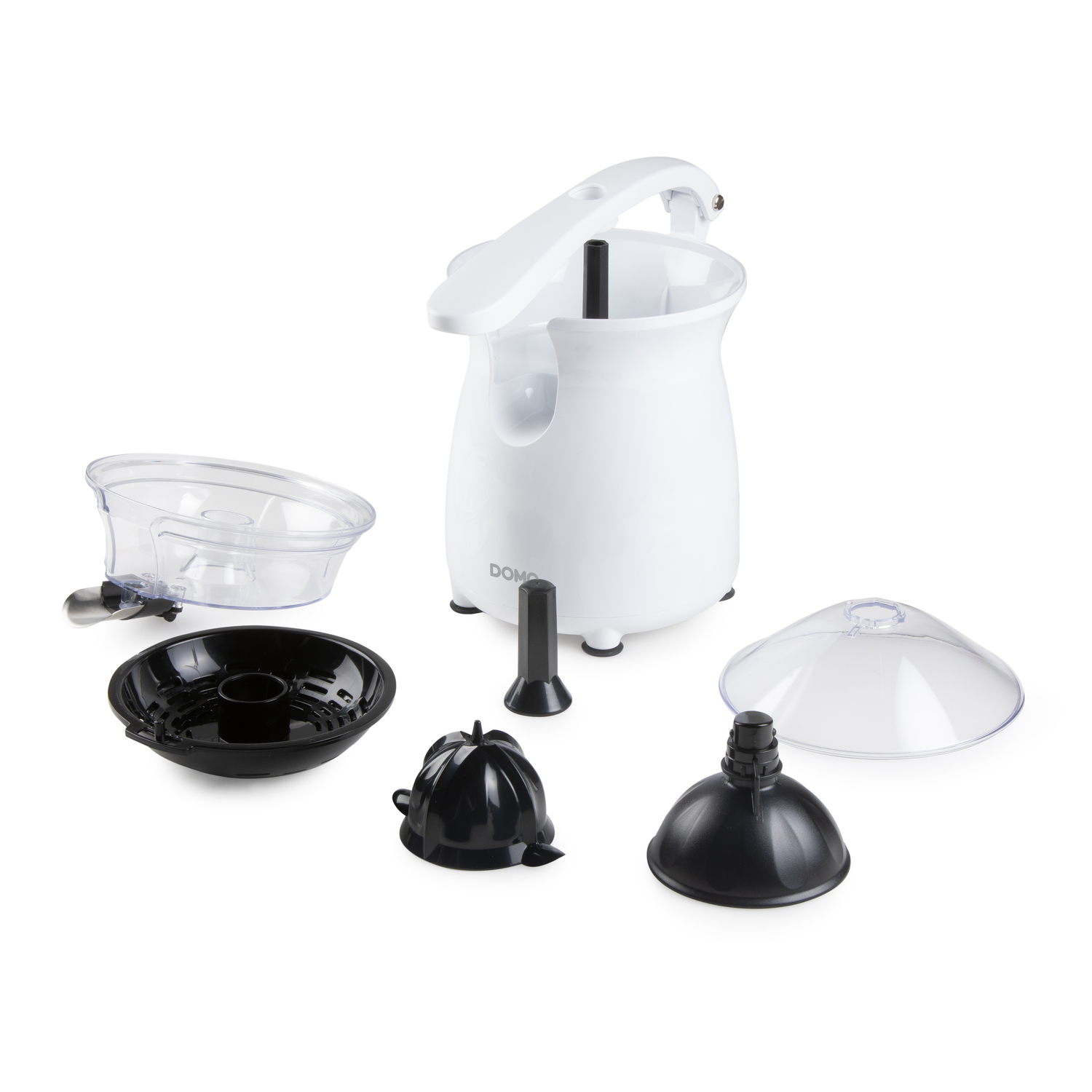 A white cherry pitter with multiple detachable parts on a white surface.