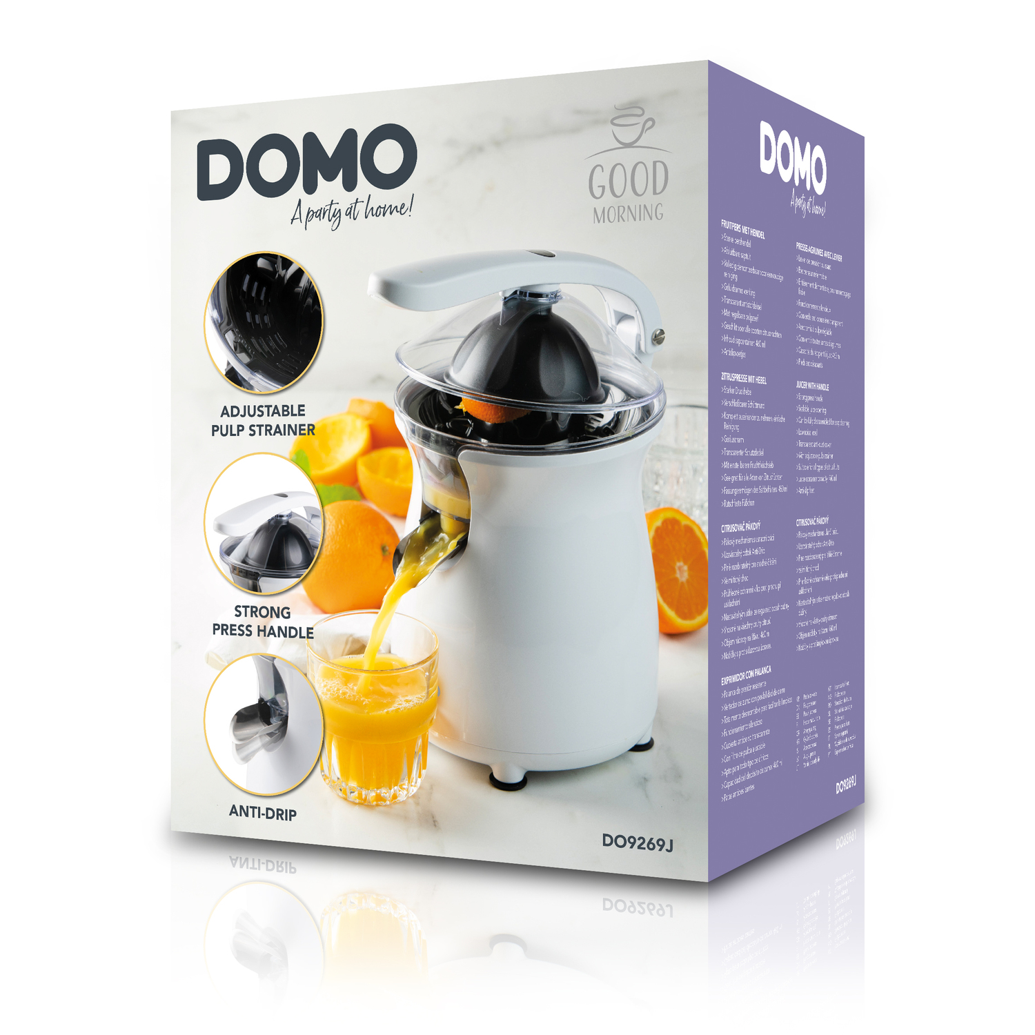 DOMO juicer box shows the juicer, an orange, and a glass of juice, with features listed.